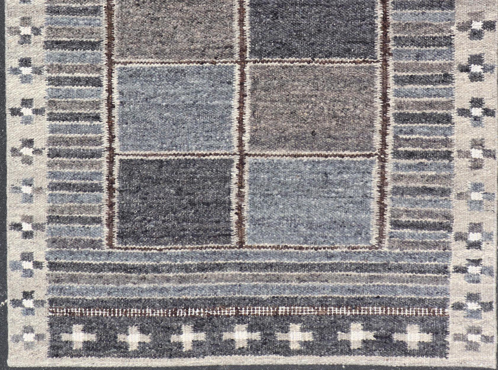 Modern Scandinavian/Swedish Design Rug in Blue, Charcoal, Gray and Cream For Sale 2
