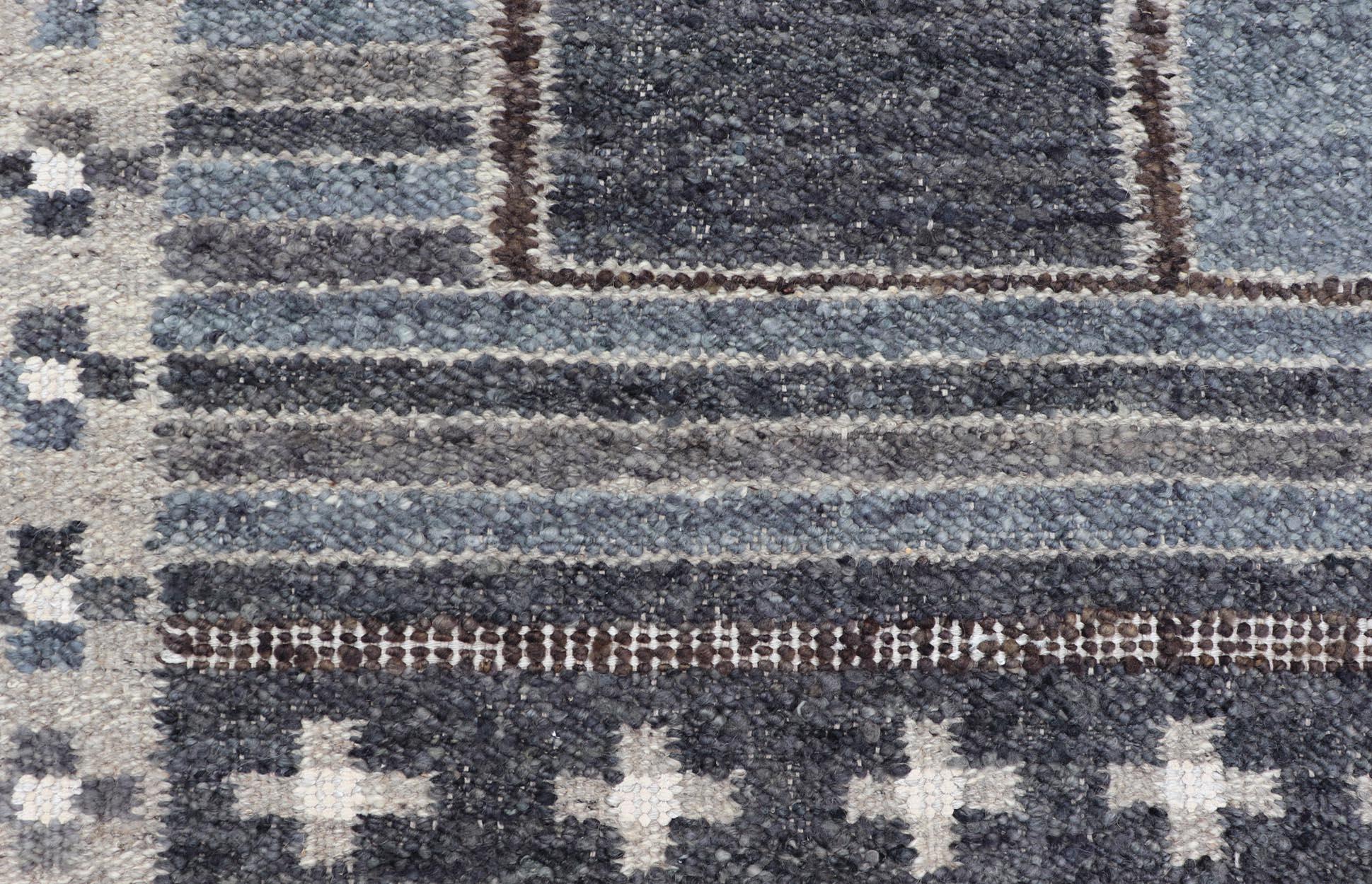 Modern Scandinavian/Swedish Design Rug in Blue, Charcoal, Gray and Cream In New Condition For Sale In Atlanta, GA