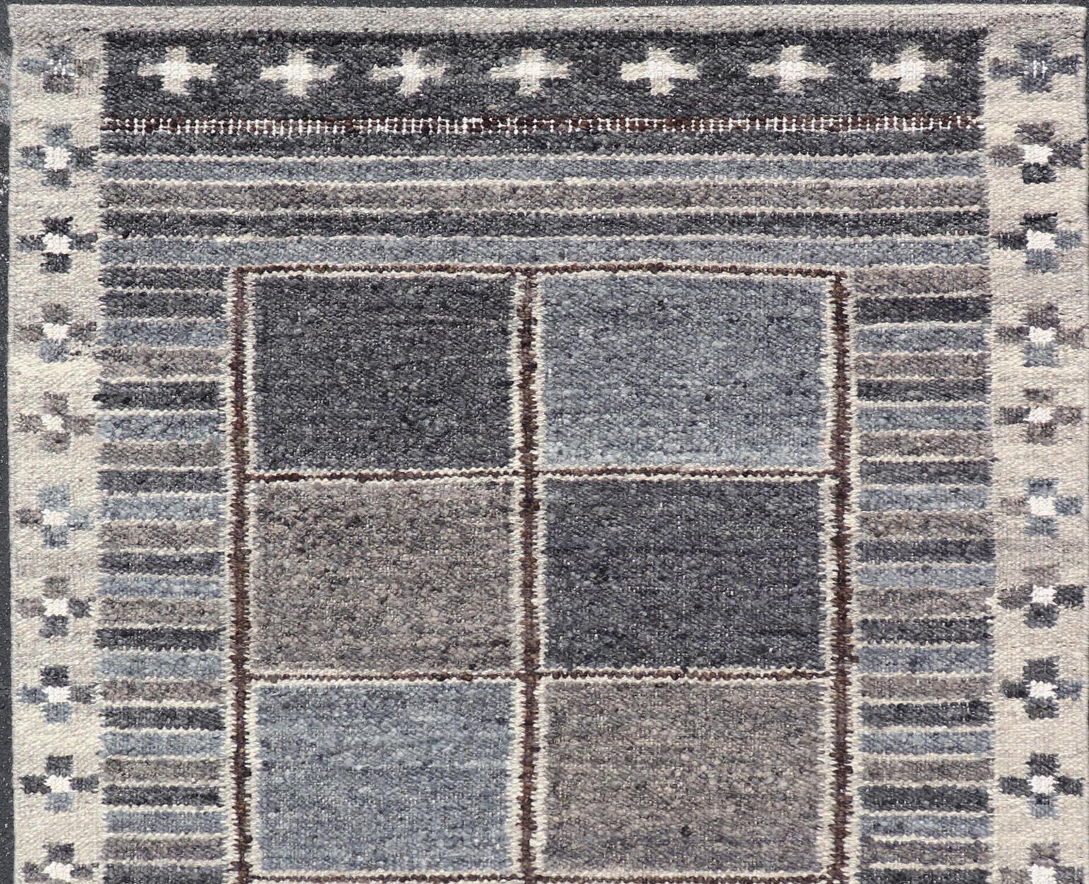 Wool Modern Scandinavian/Swedish Design Rug in Blue, Charcoal, Gray and Cream For Sale