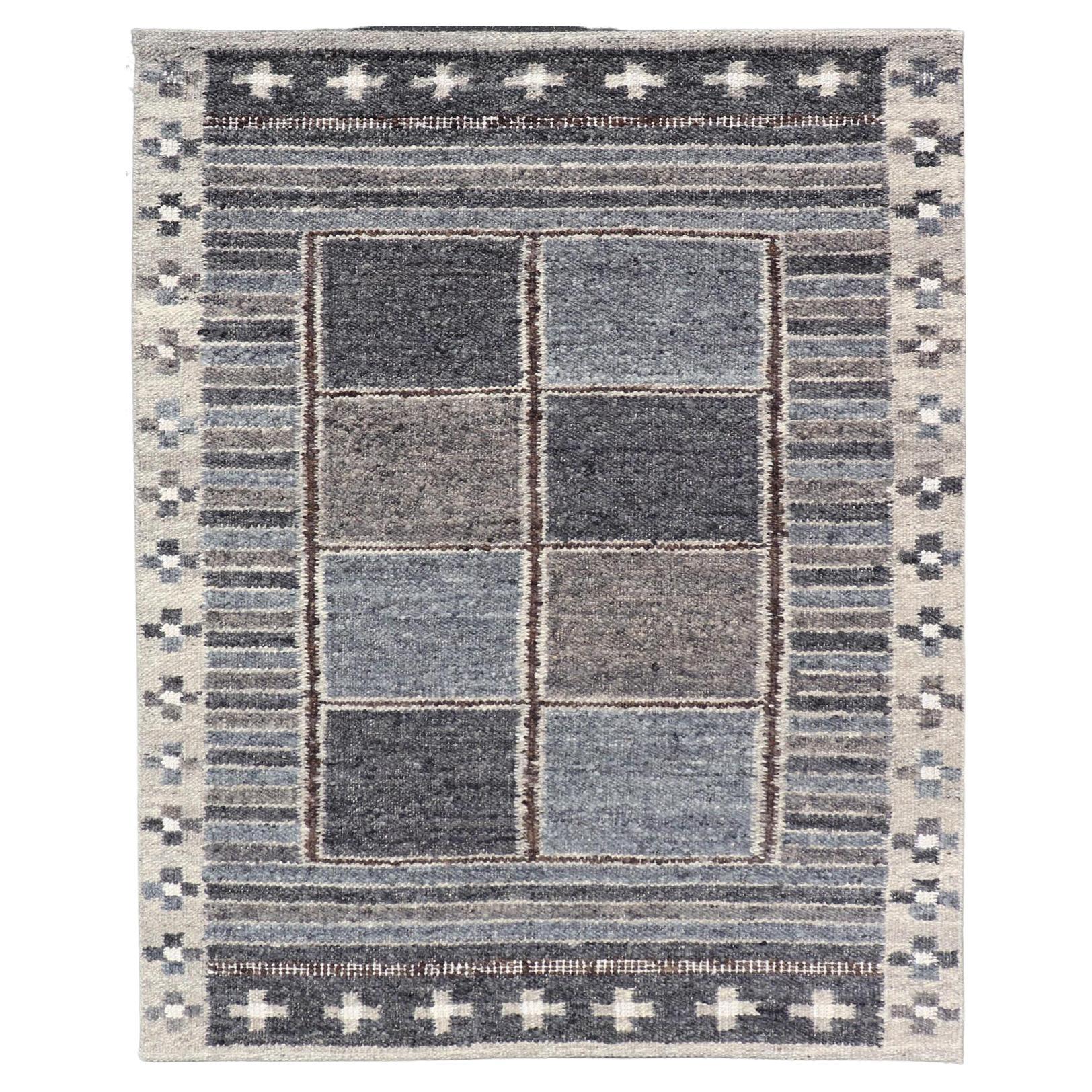 Modern Scandinavian/Swedish Design Rug in Blue, Charcoal, Gray and Cream For Sale