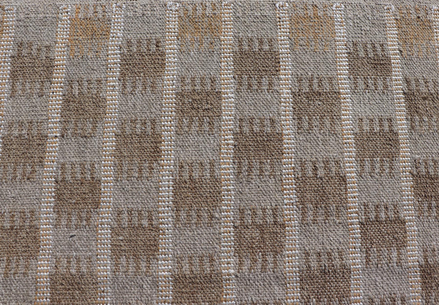 Modern Scandinavian/Swedish Flat Weave Geometric Design Rug in Taupe, warm gray, yellow, white and light brown Keivan Woven Arts rug,  RJK-24791-SHB-072-ALOE, country of origin / type: Scandinavian / Scandinavian Modern Flat Weave. This rug is made