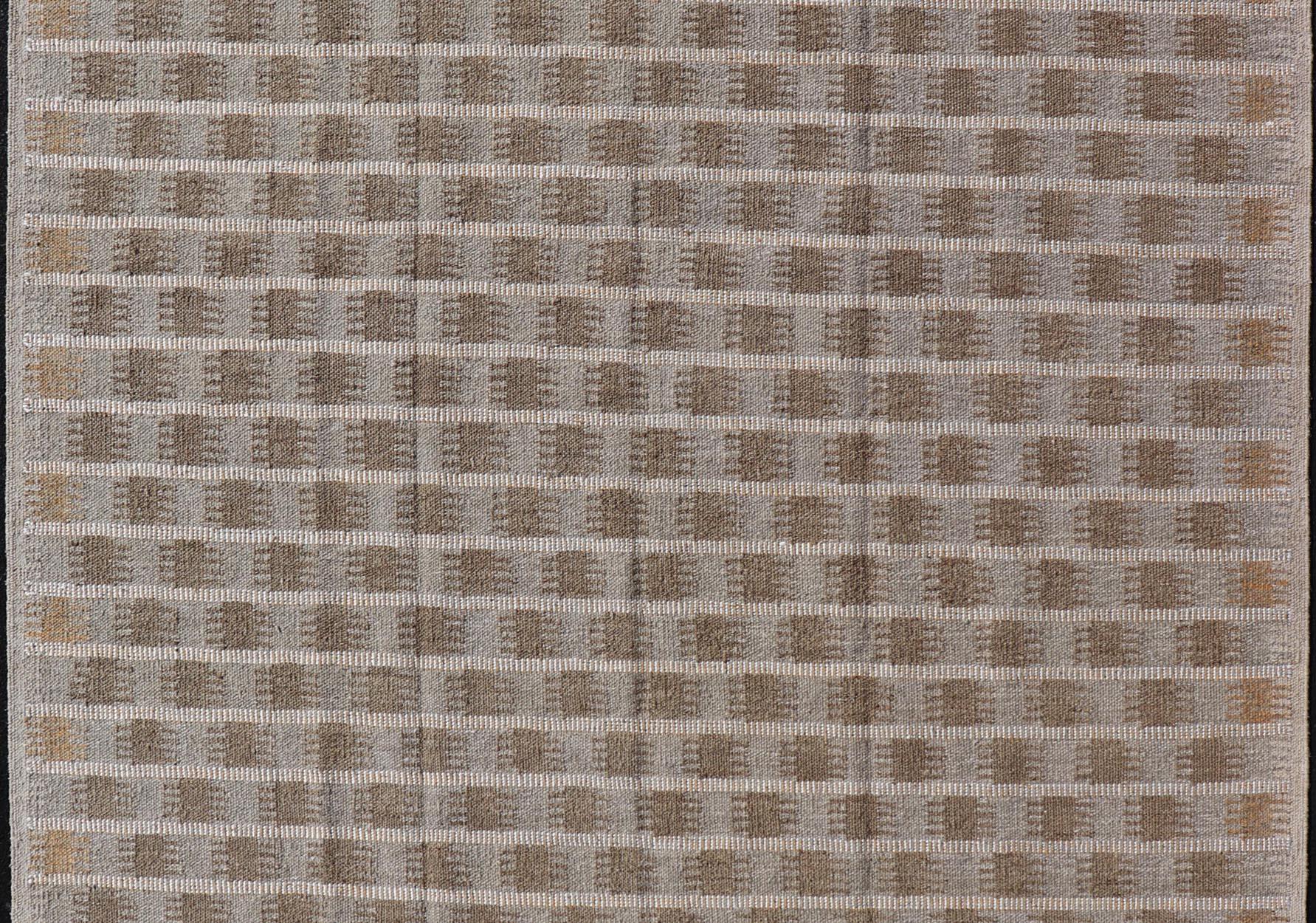 Hand-Knotted Modern Scandinavian/Swedish Flat Weave Geometric Design Rug in Earth Tones For Sale