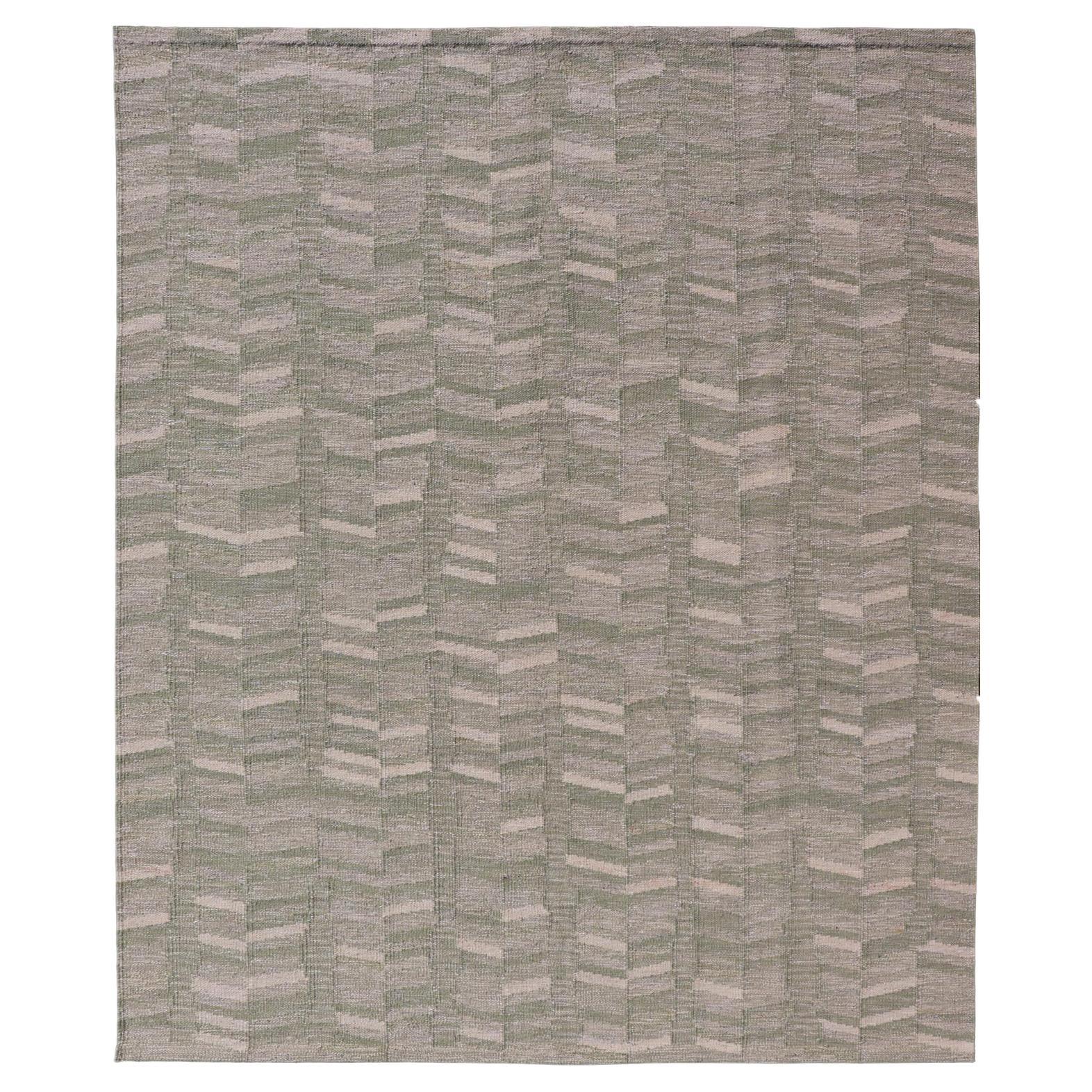 Moderner skandinavischer/schweizer Flachgewebe-Teppich im geometrischen Design in Grüntönen in Grüntönen im Angebot