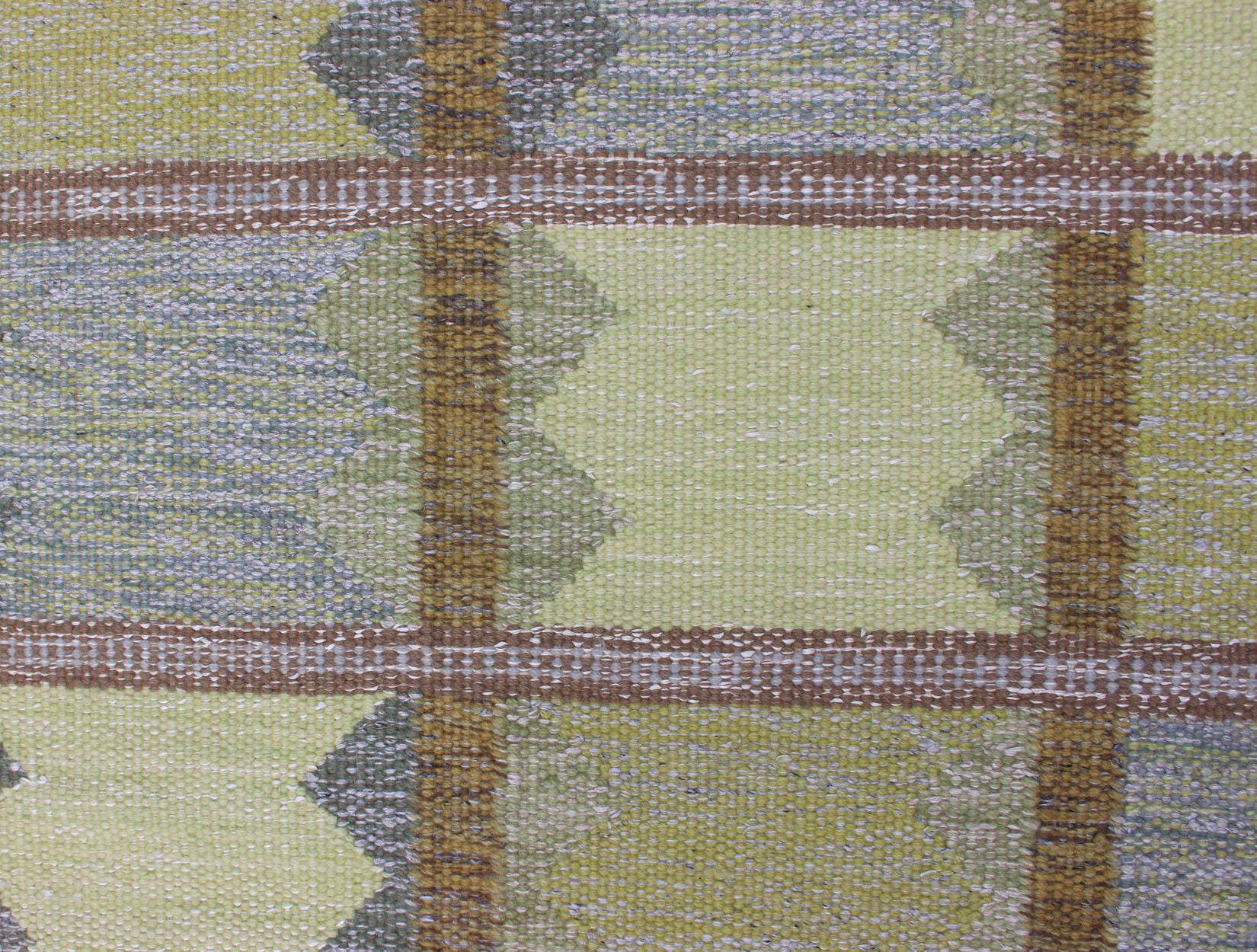 Indian Modern Scandinavian/Swedish Geometric Design Rug in Light Yellow Green and Gray 