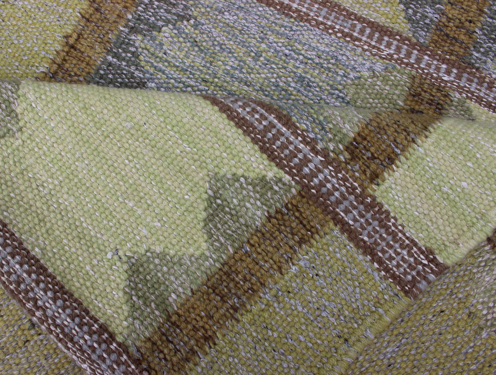 Wool Modern Scandinavian/Swedish Geometric Design Rug in Light Yellow Green and Gray