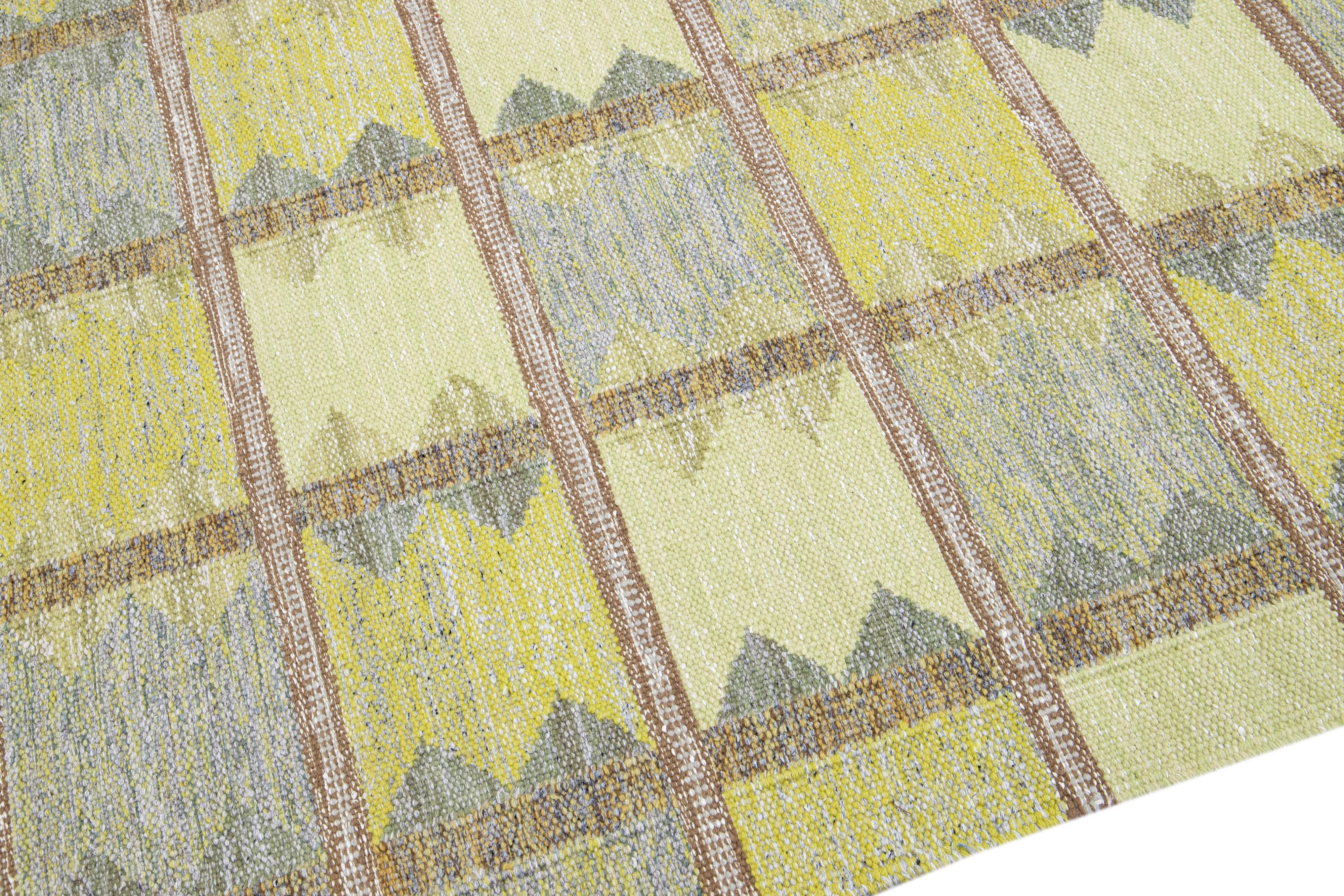 Contemporary Modern Scandinavian Yellow and Gray Handmade Geometric Room SizeWool Rug For Sale