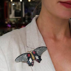 Modern Scarlet Mormon Enamel, Silver and Gold Butterfly Brooch, 1.85 Carats