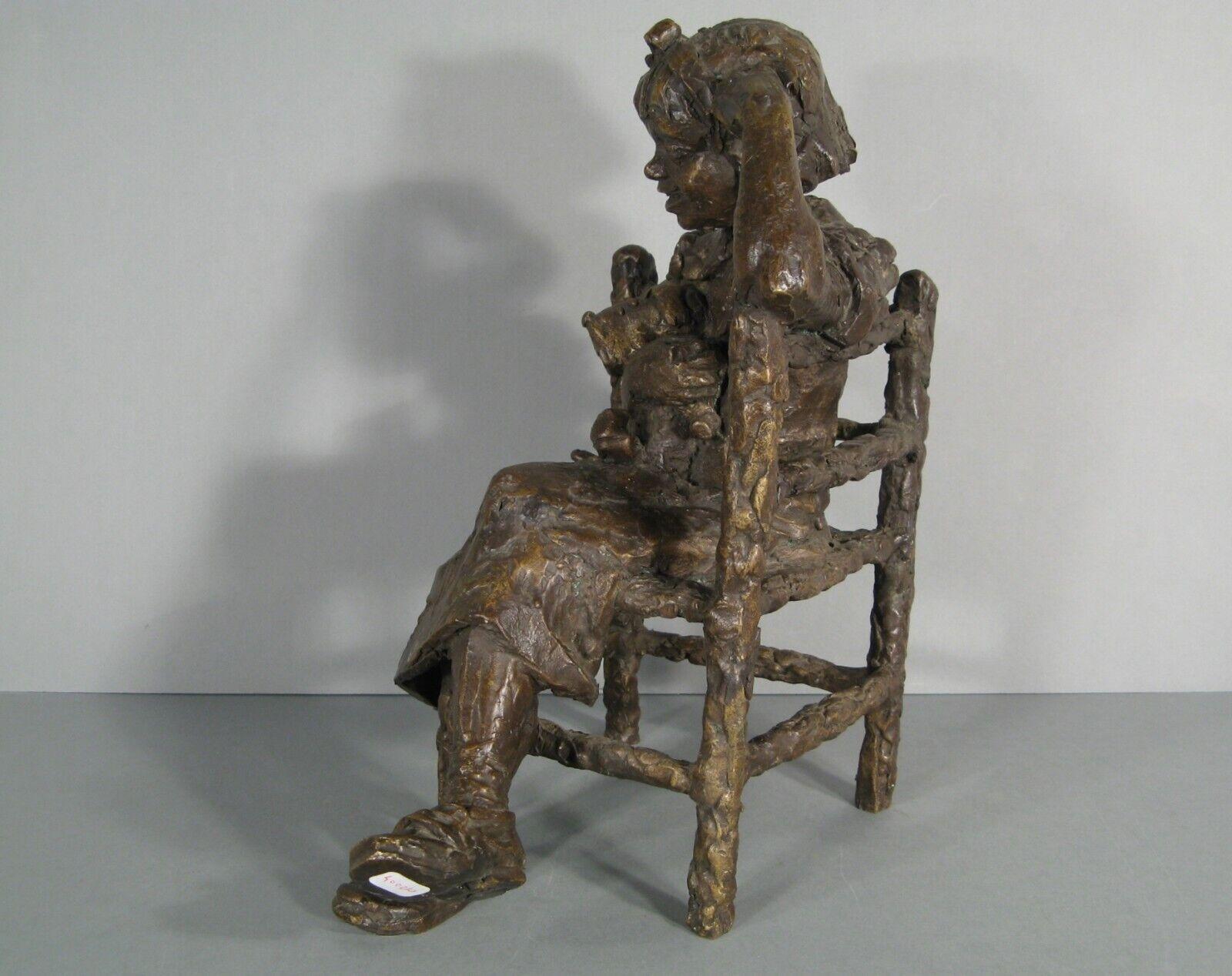 Modern School Bronze Sculpture: Smiling Young Girl with Fox Terrier Dog - 1Y159 5