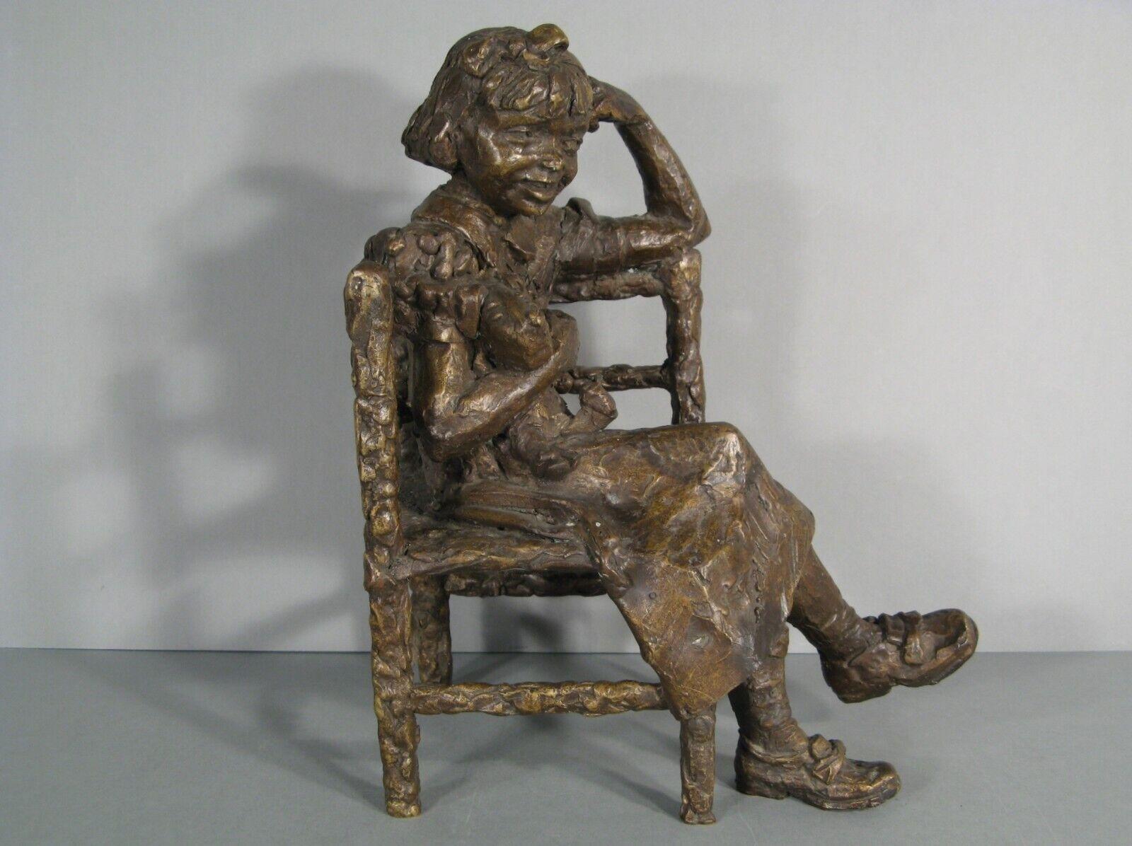 French Modern School Bronze Sculpture: Smiling Young Girl with Fox Terrier Dog - 1Y159
