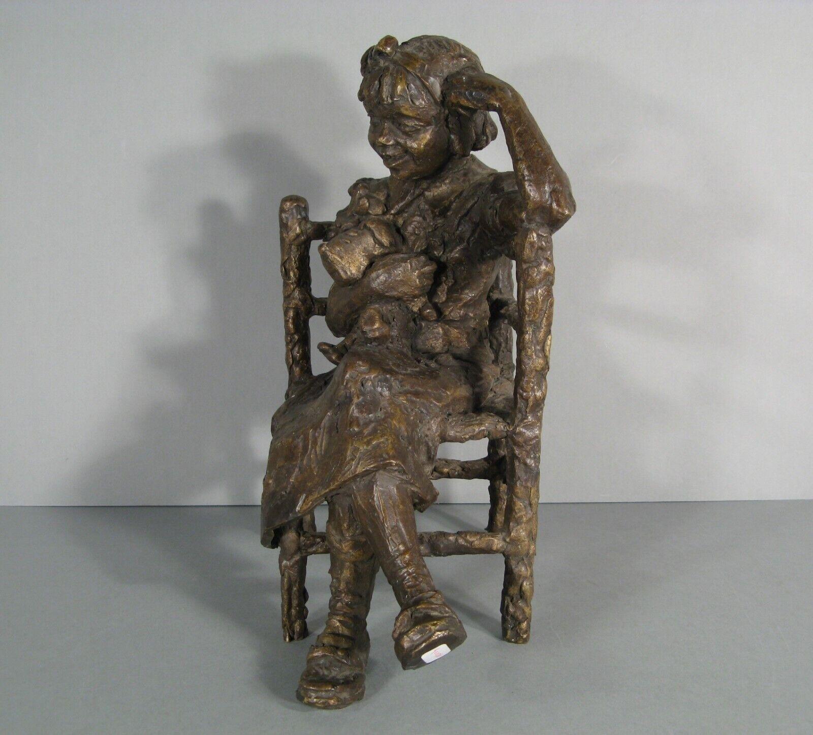 Modern School Bronze Sculpture: Smiling Young Girl with Fox Terrier Dog - 1Y159 1