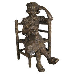 Scultura in bronzo di scuola moderna: Ragazza sorridente con cane Fox Terrier - 1Y159