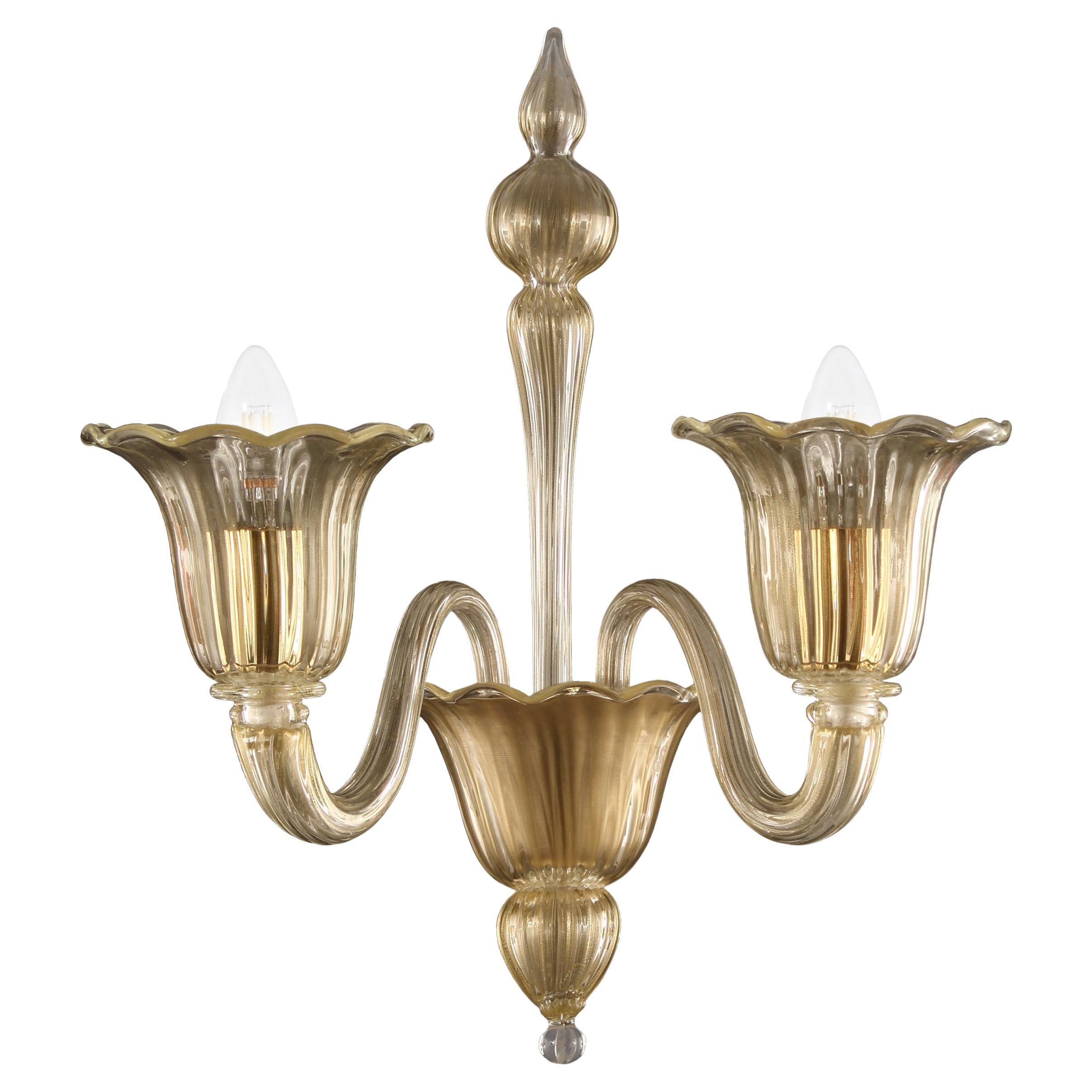 Applique moderne à 2 bras en verre de Murano Rigadin à feuilles dorées par Multiforme, en stock