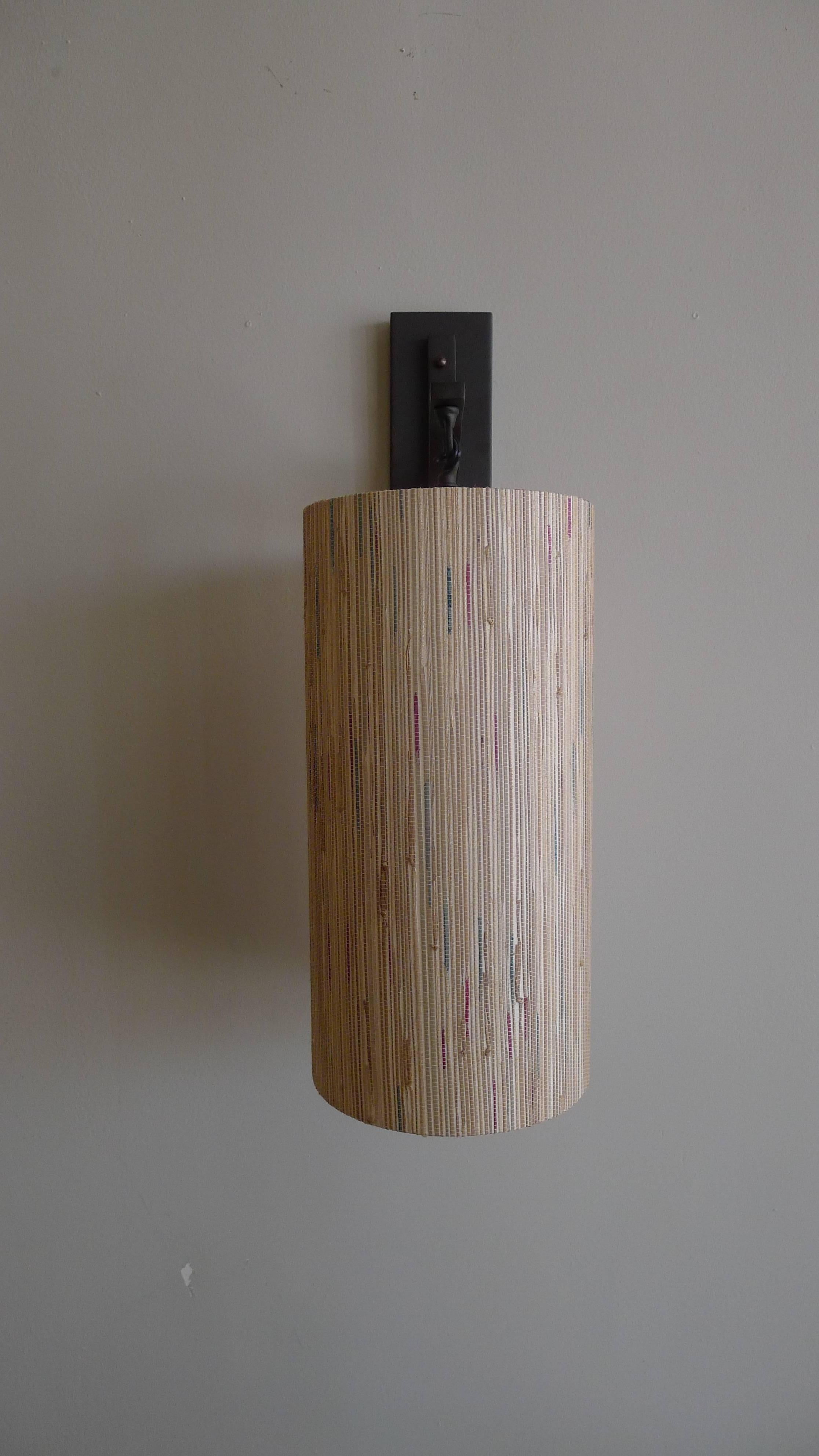 Contemporary Modern Sconce with Custom Grasscloth Shade by Paul Marra For Sale
