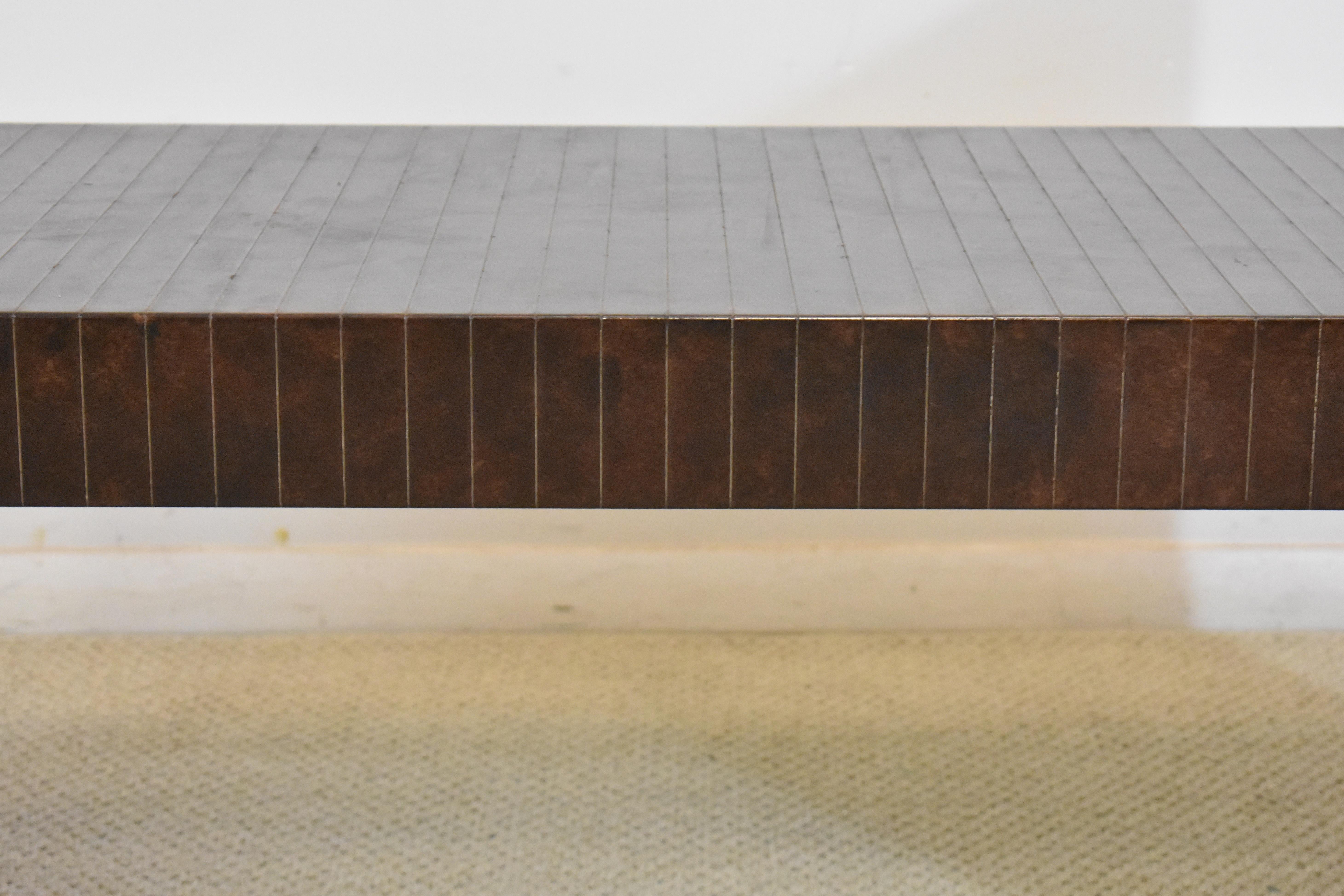 American Modern Sculptural Bench Clad in Scored Brown Leather by Karl Springer For Sale