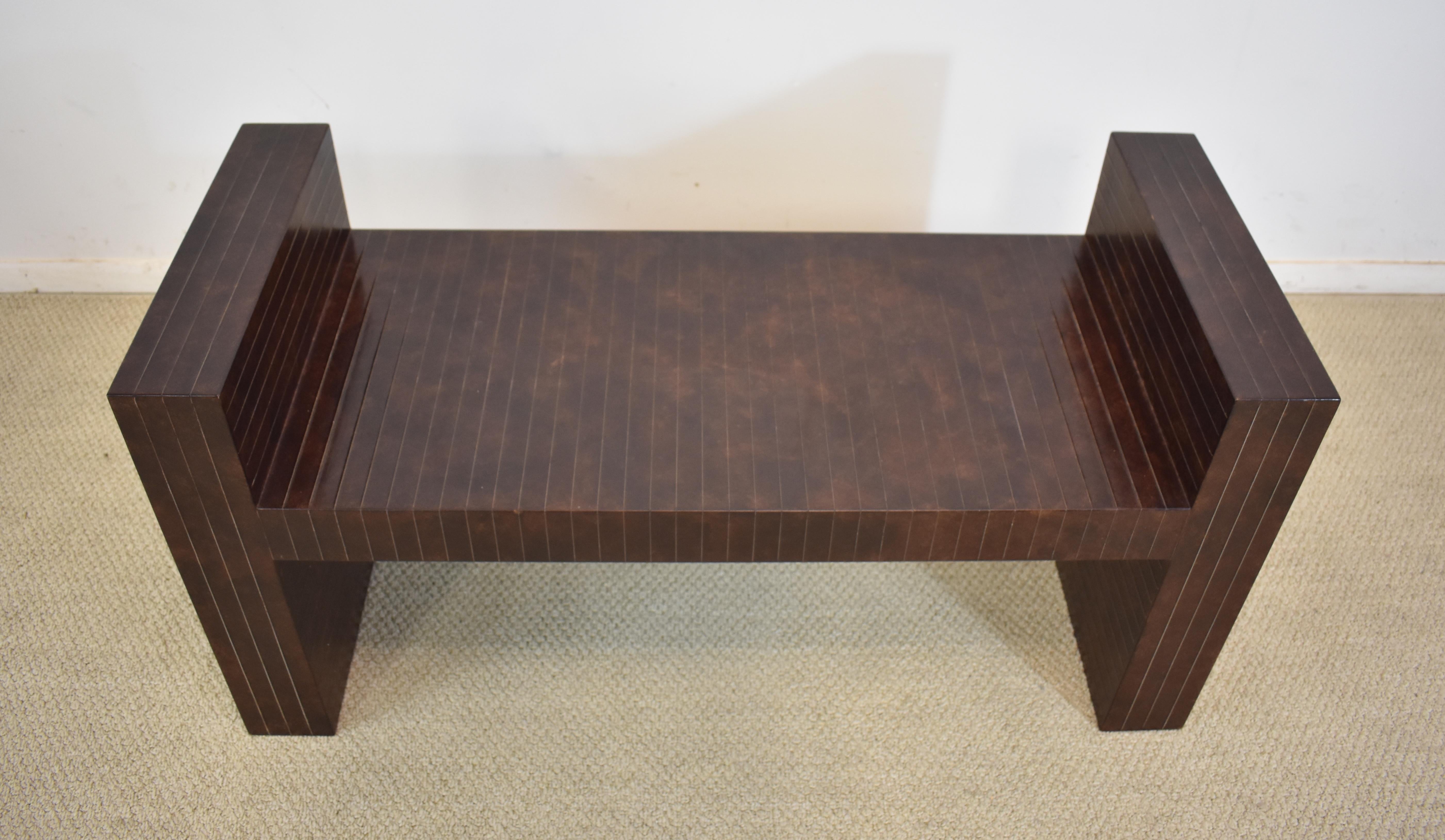 Modern Sculptural Bench Clad in Scored Brown Leather by Karl Springer In Good Condition For Sale In Toledo, OH