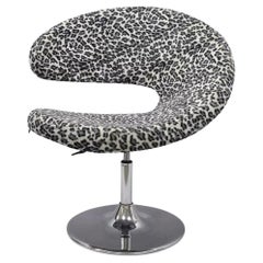 Modern Sculptural Black & White Leopard Print Chrome Swivel Club Lounge Chair