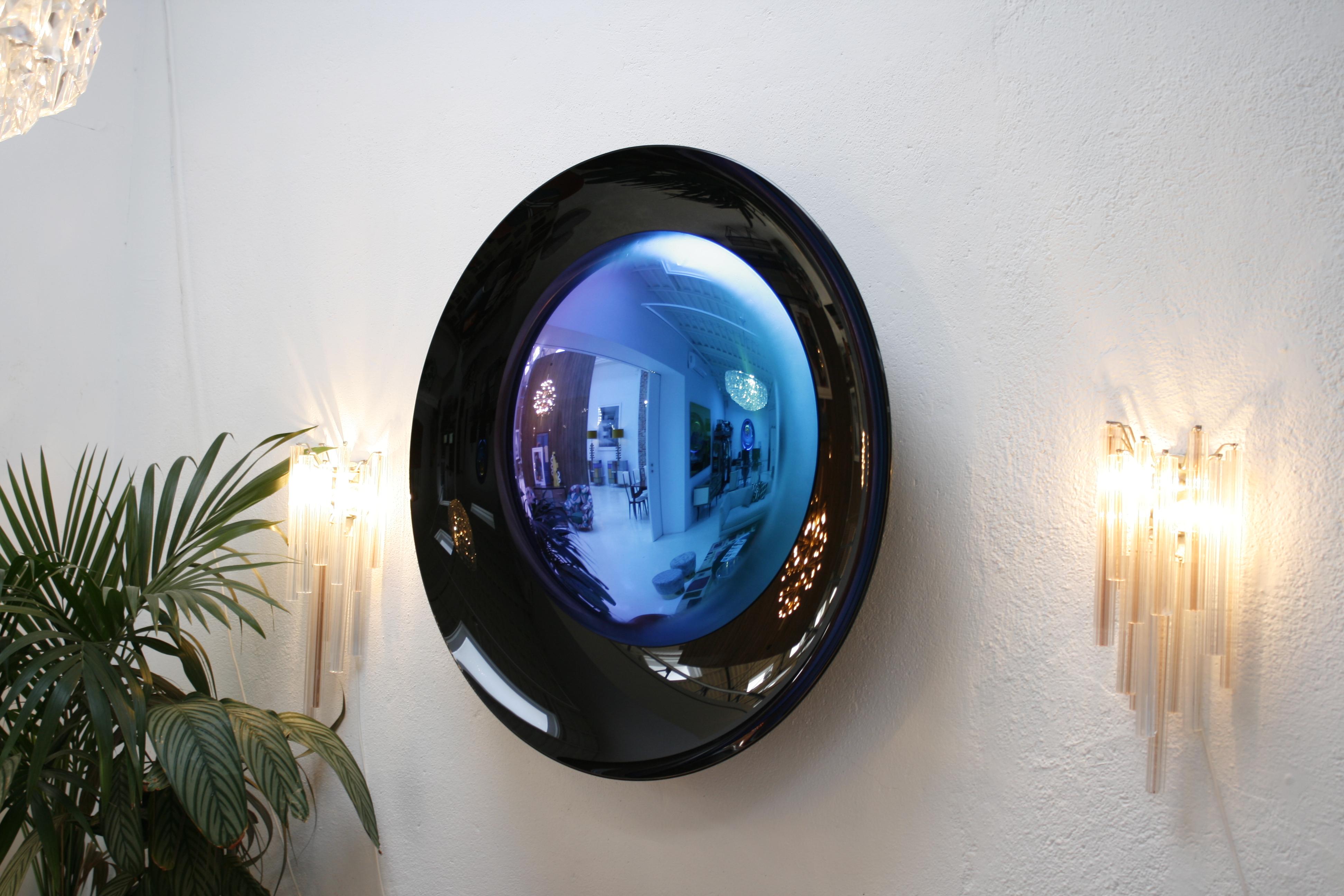 Modern Sculptural Concave Black and Blue Handmade Glass French Mirror For Sale 3