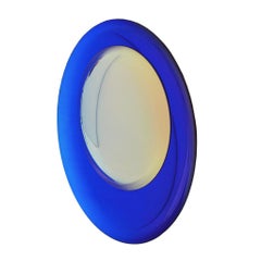 Modern Sculptural Concave Yellow and Blue Handmade Glass French Mirror