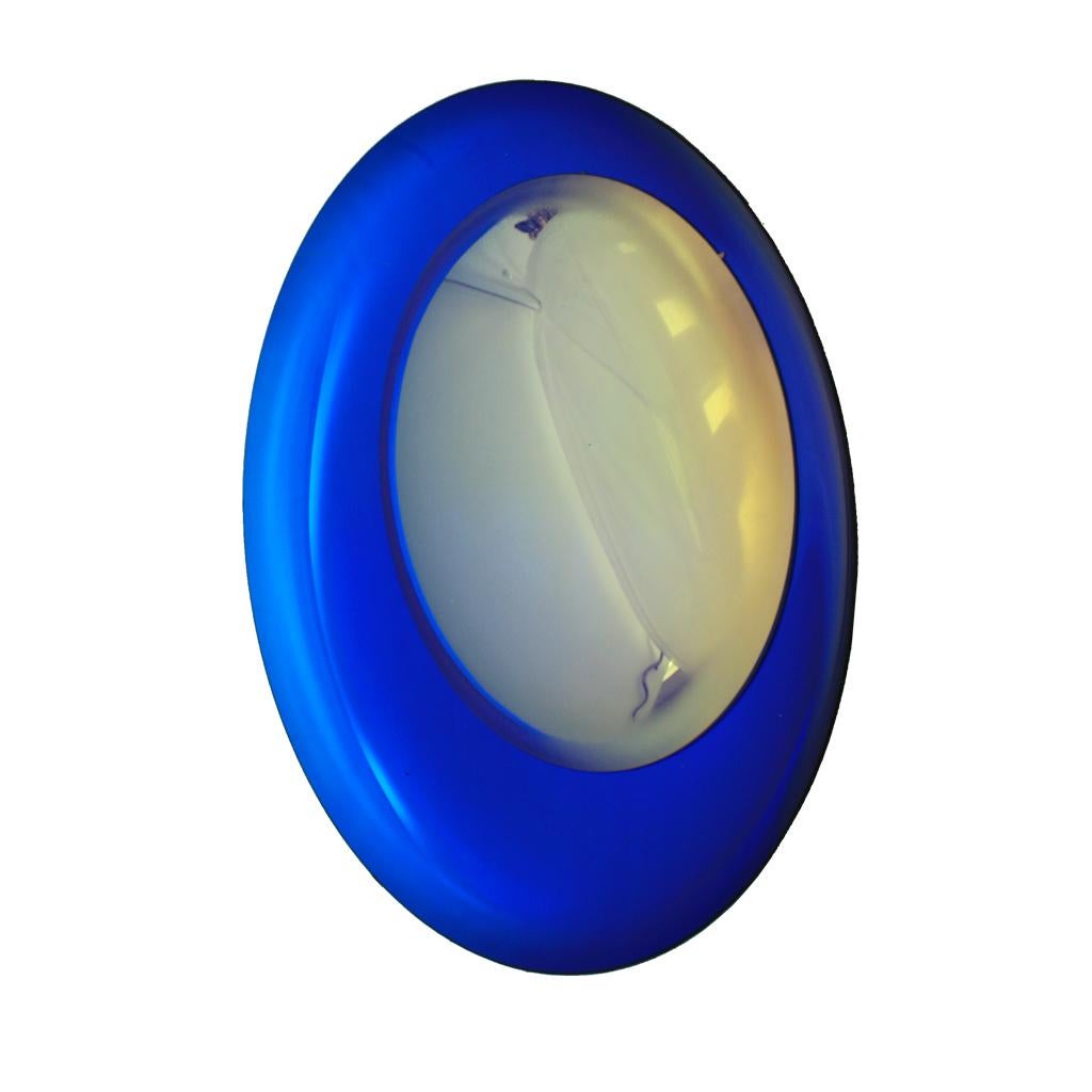 Contemporary Modern Sculptural Concave Yellow and Blue Handmade Glass French Mirror For Sale