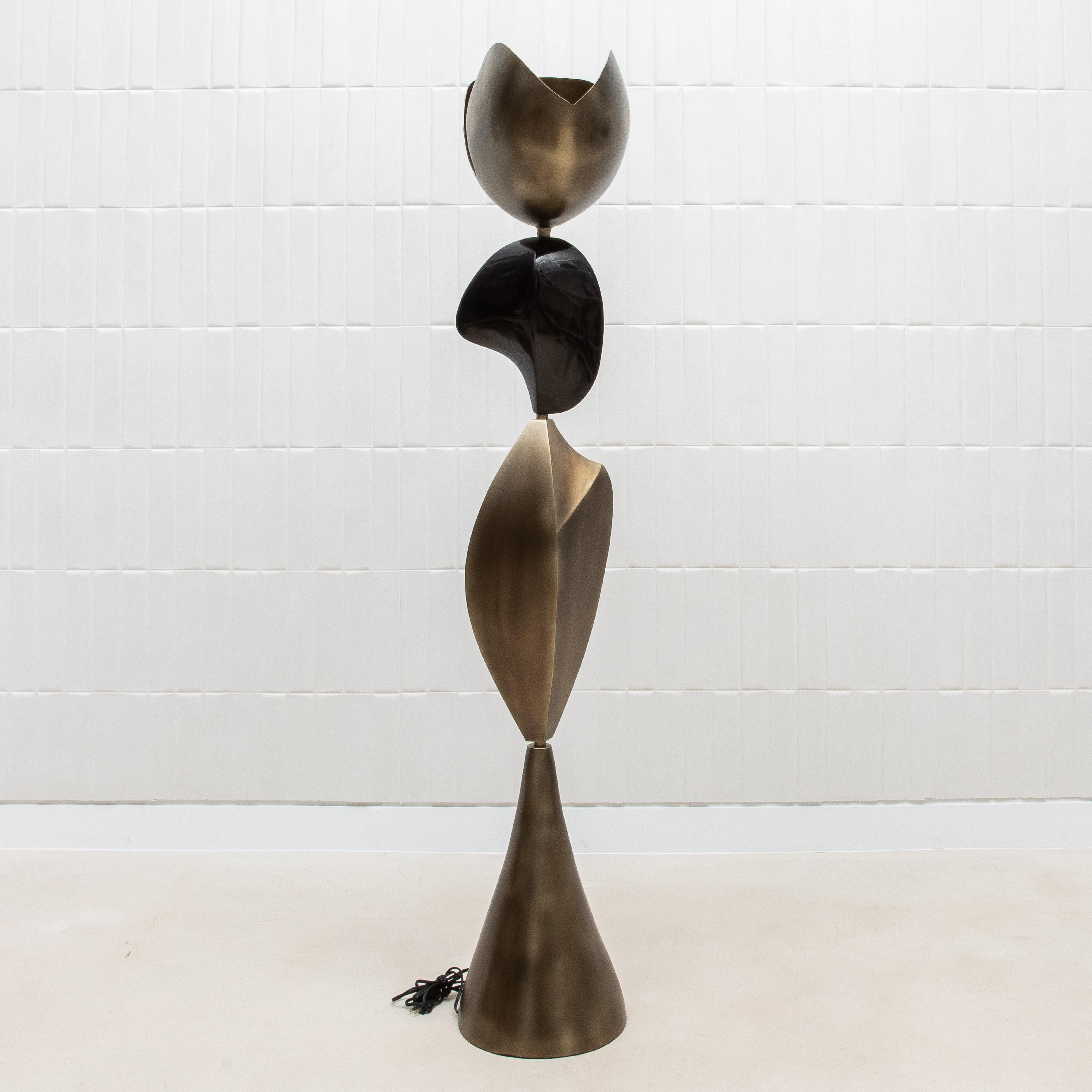 Philippine Modern Sculptural Floor Lamp in Patina'd Brass with Black Shell by KIFU Paris