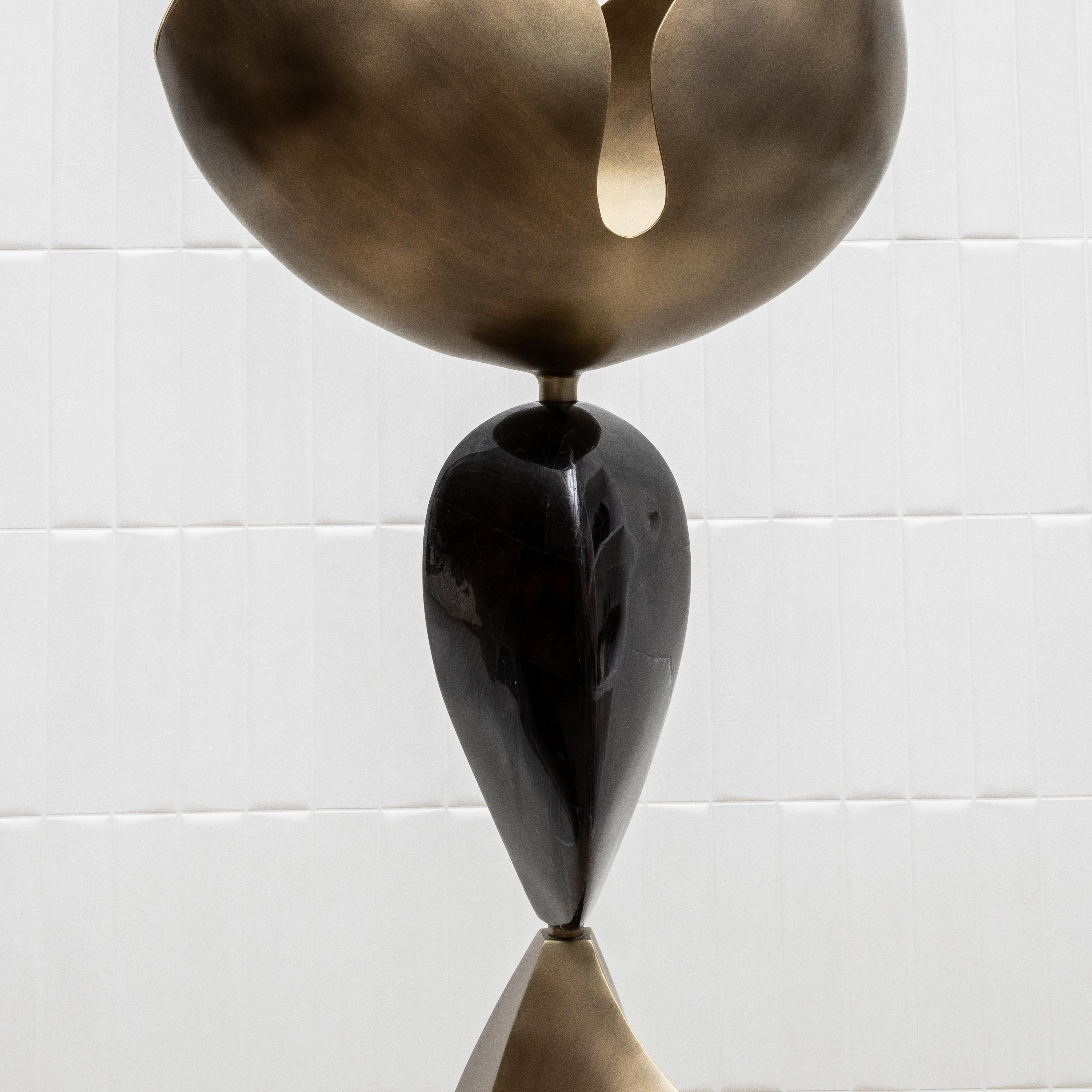 Hand-Crafted Modern Sculptural Floor Lamp in Patina'd Brass with Black Shell by KIFU Paris