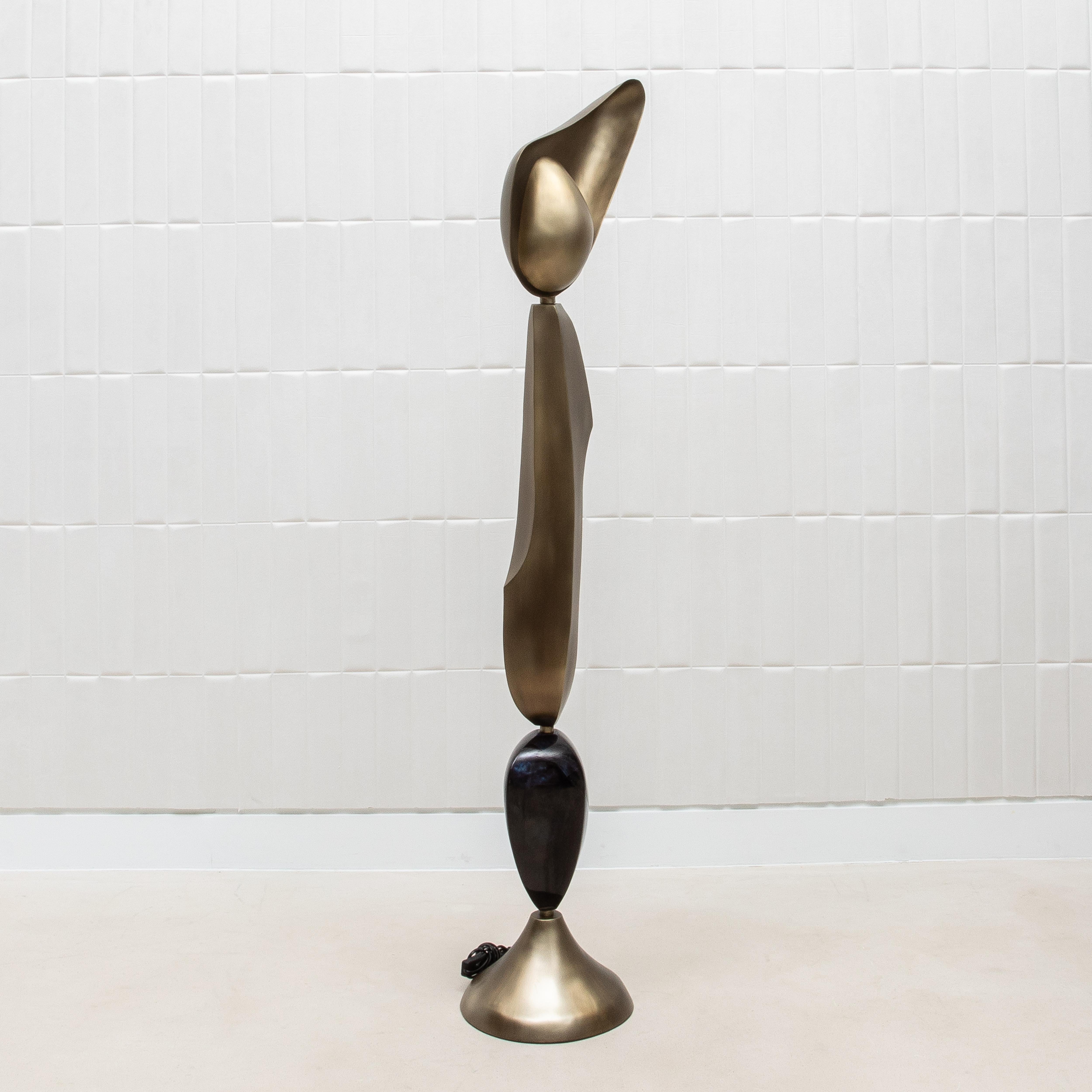 Hand-Crafted Modern Sculptural Floor Lamp in Patina Brass with Black Shell by KIFU Paris
