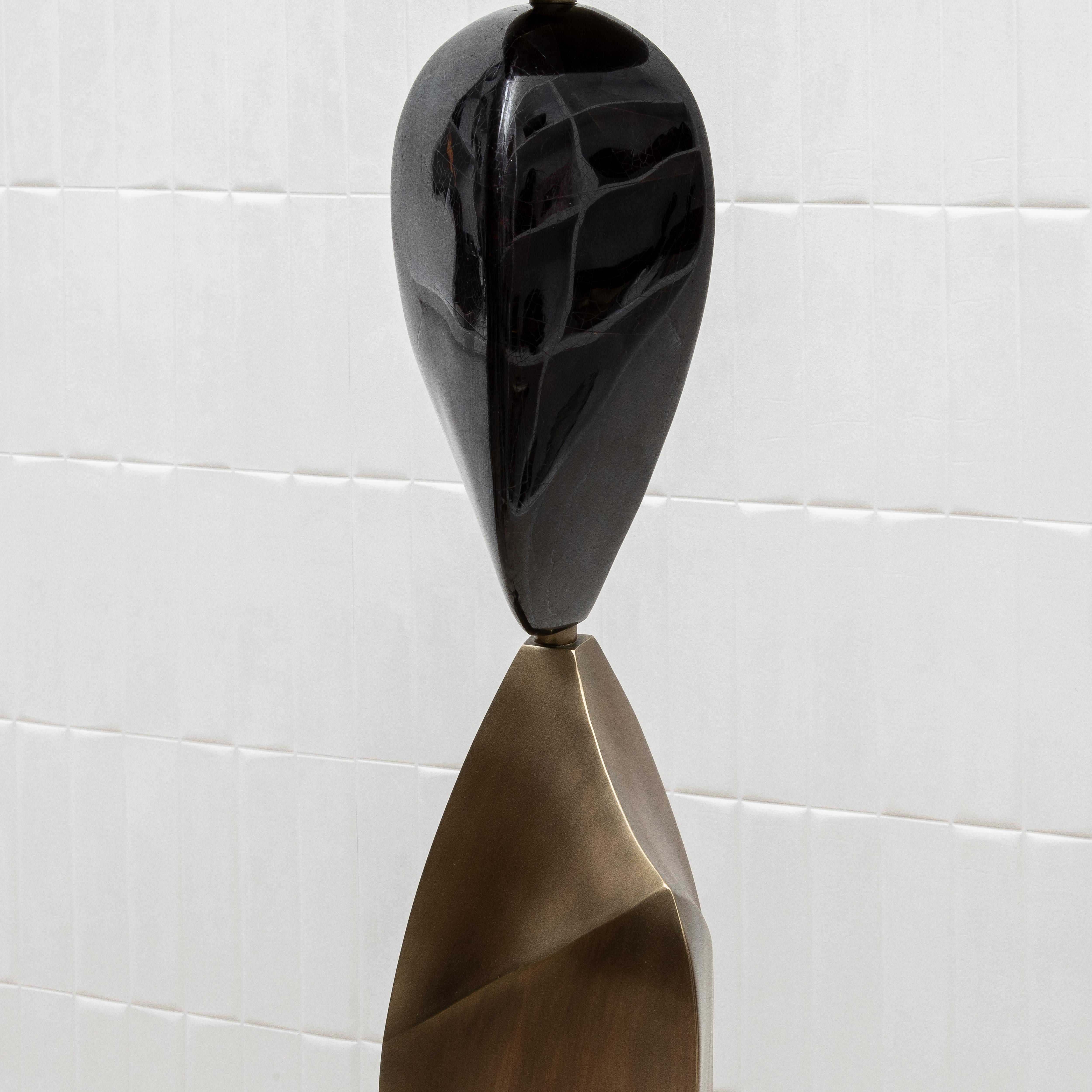 Contemporary Modern Sculptural Floor Lamp in Patina'd Brass with Black Shell by KIFU Paris
