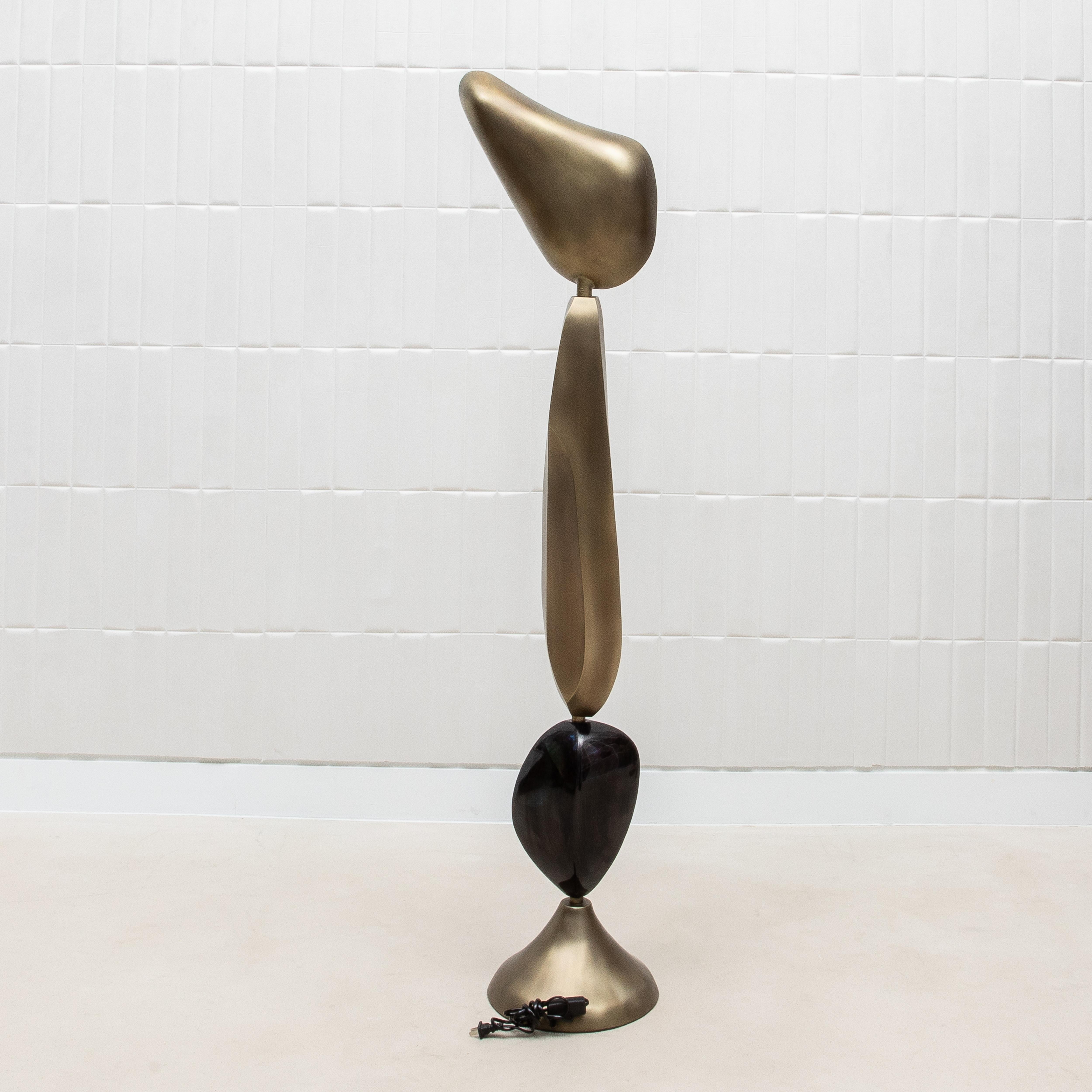 Contemporary Modern Sculptural Floor Lamp in Patina Brass with Black Shell by KIFU Paris
