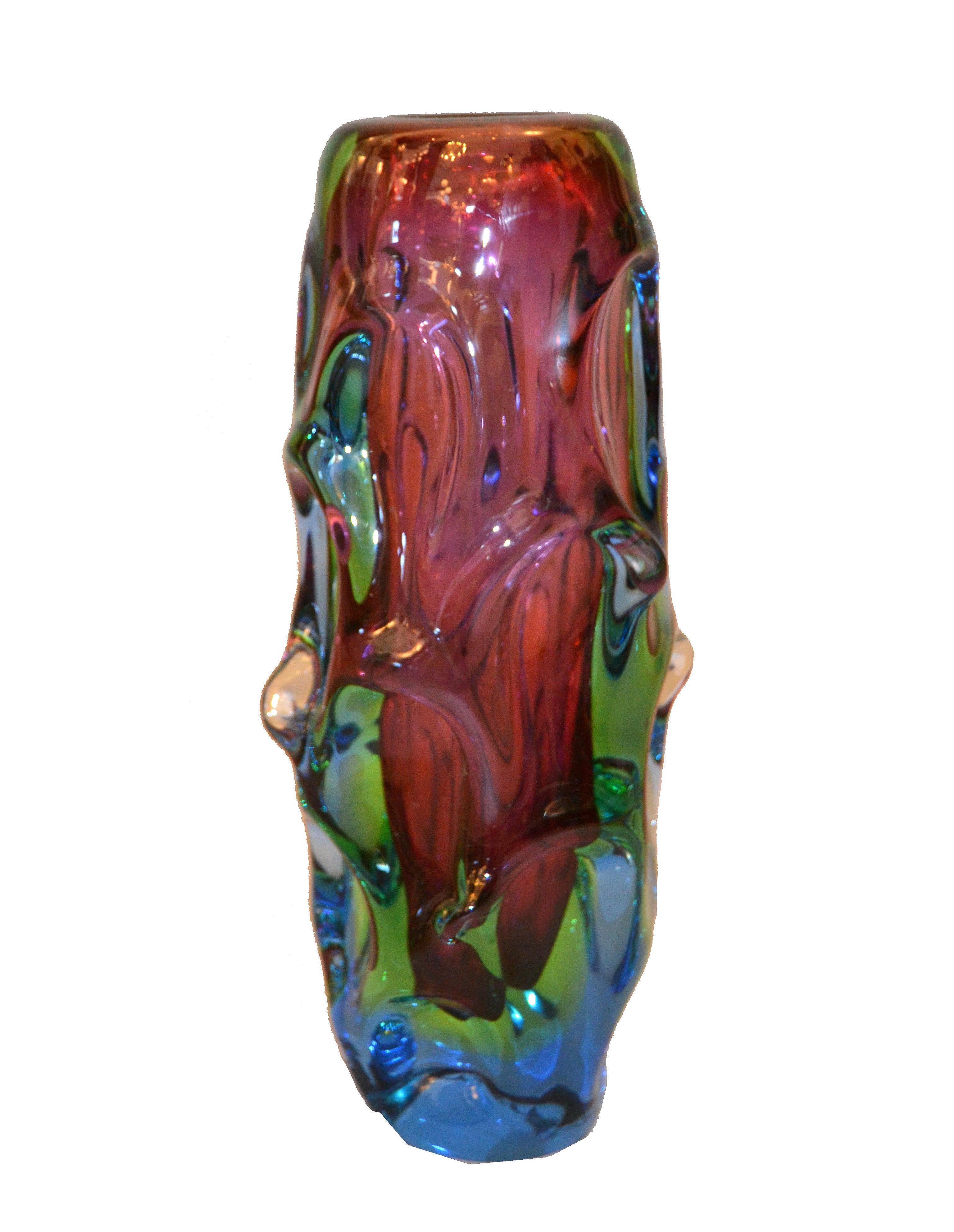 Heavy Italian Modern Sculptural Hand-Blown Murano Art Glass Flower Vase In Good Condition In Miami, FL