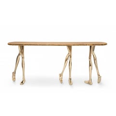 Modern Sculptural Monroe Console Table, Polished Brass, Yellow Travertine Marble