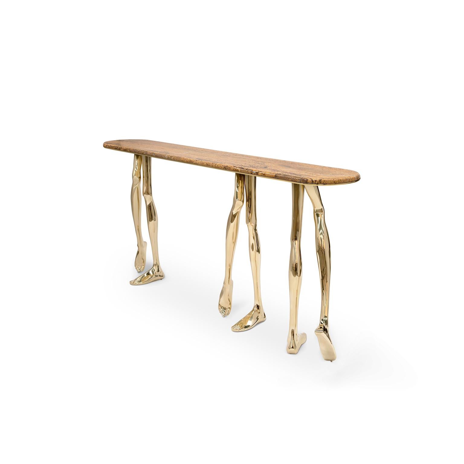 Portuguese Modern Sculptural Monroe Console Table, Polished Brass, Yellow Travertine Marble For Sale