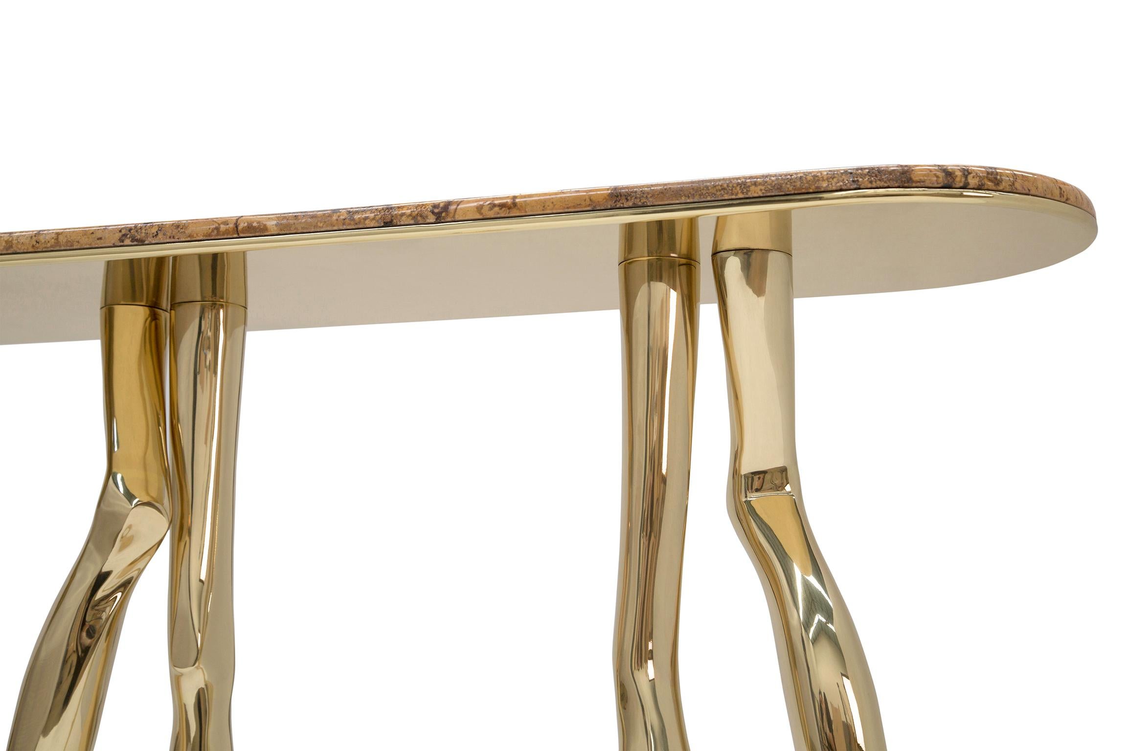 Cast Modern Sculptural Monroe Console Table, Polished Brass, Yellow Travertine Marble For Sale