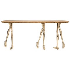 Table console Monroe sculpturale moderne, laiton poli, marbre travertin jaune