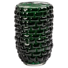 Modern Sculptural Murano Glass Vase in Bottle Green Color, Signed Cendese