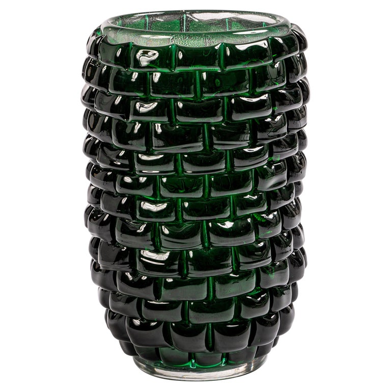 Modern Sculptural Murano Glass Vase in Bottle Green Color, Signed Cendese