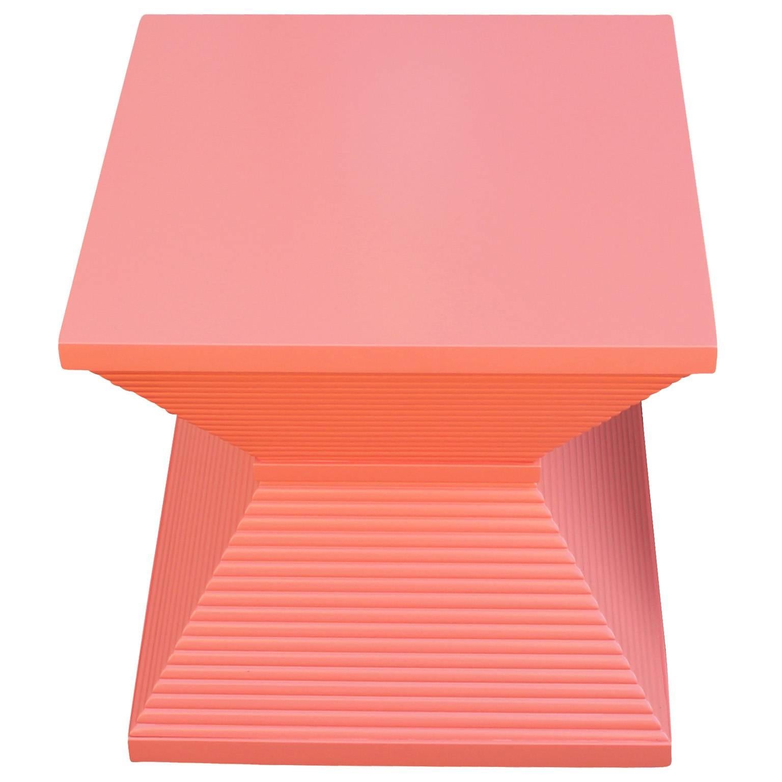 Late 20th Century Modern Sculptural Pair of Coral Lacquered Pyramid Side Tables