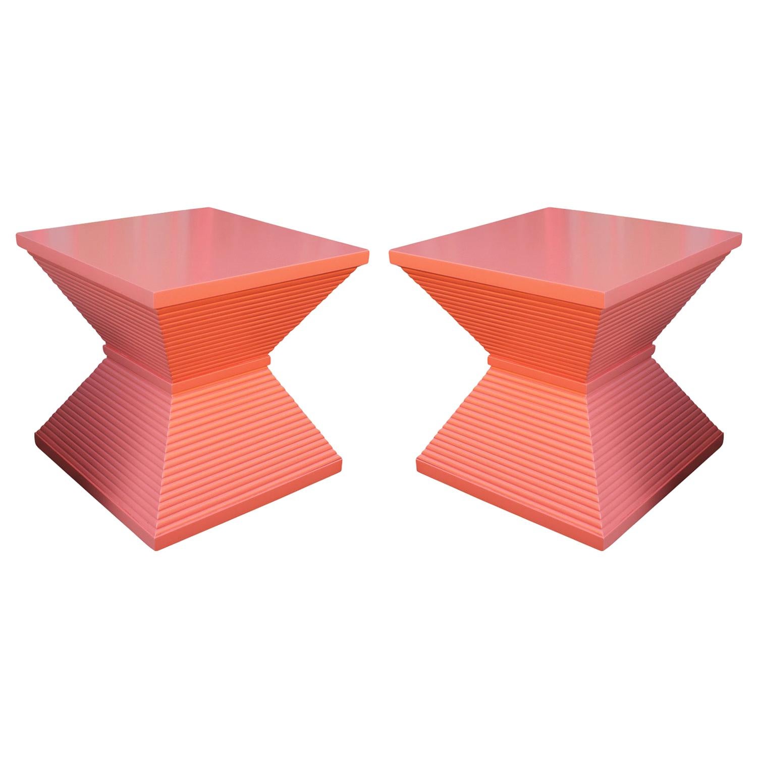 Modern Sculptural Pair of Coral Lacquered Pyramid Side Tables
