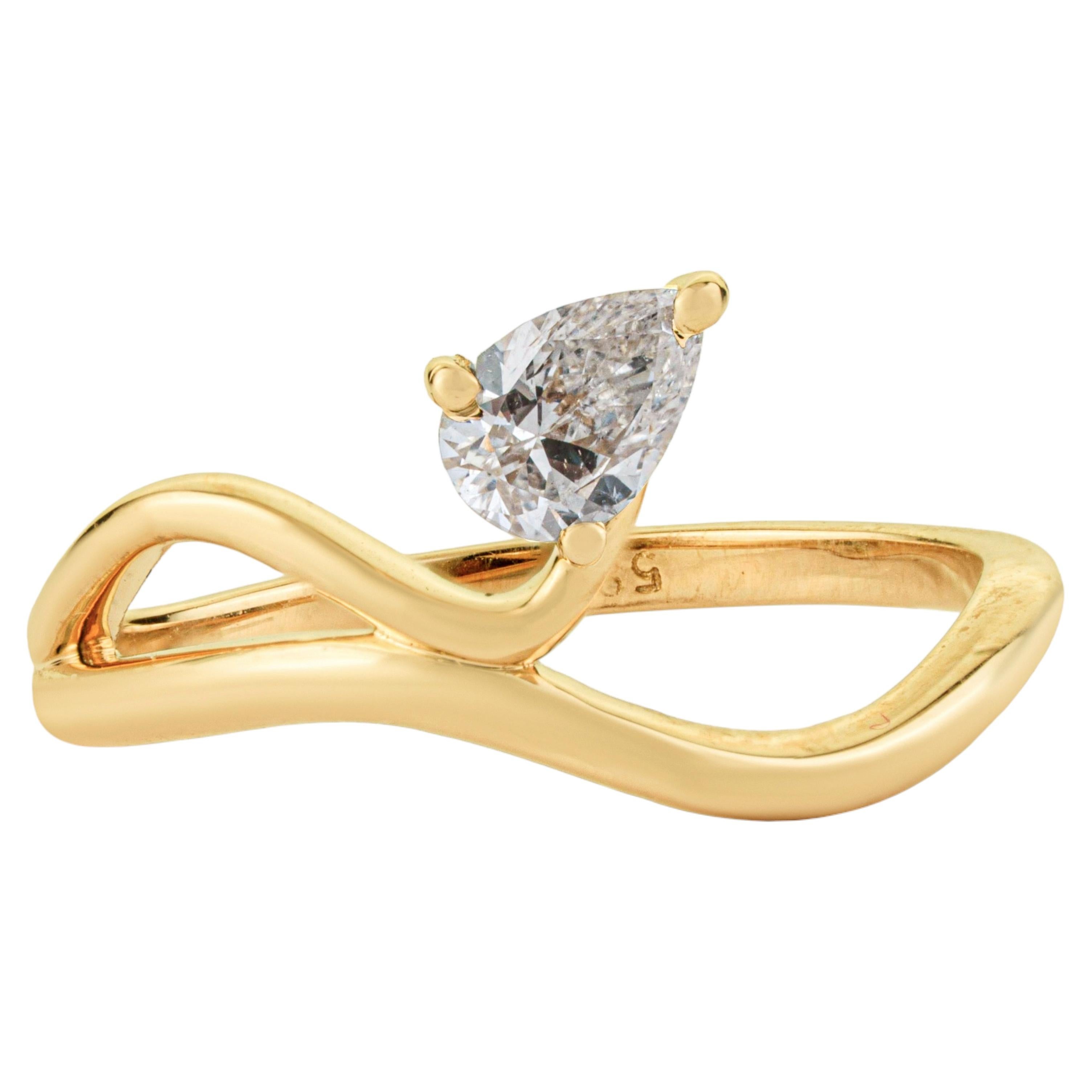 For Sale:  Modern Sculptural Pear Cut Diamond Solitaire Wave Ring in 14K Solid Yellow Gold