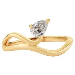 Modern Sculptural Pear Cut Diamond Solitaire Wave Ring in 14K Solid Yellow Gold