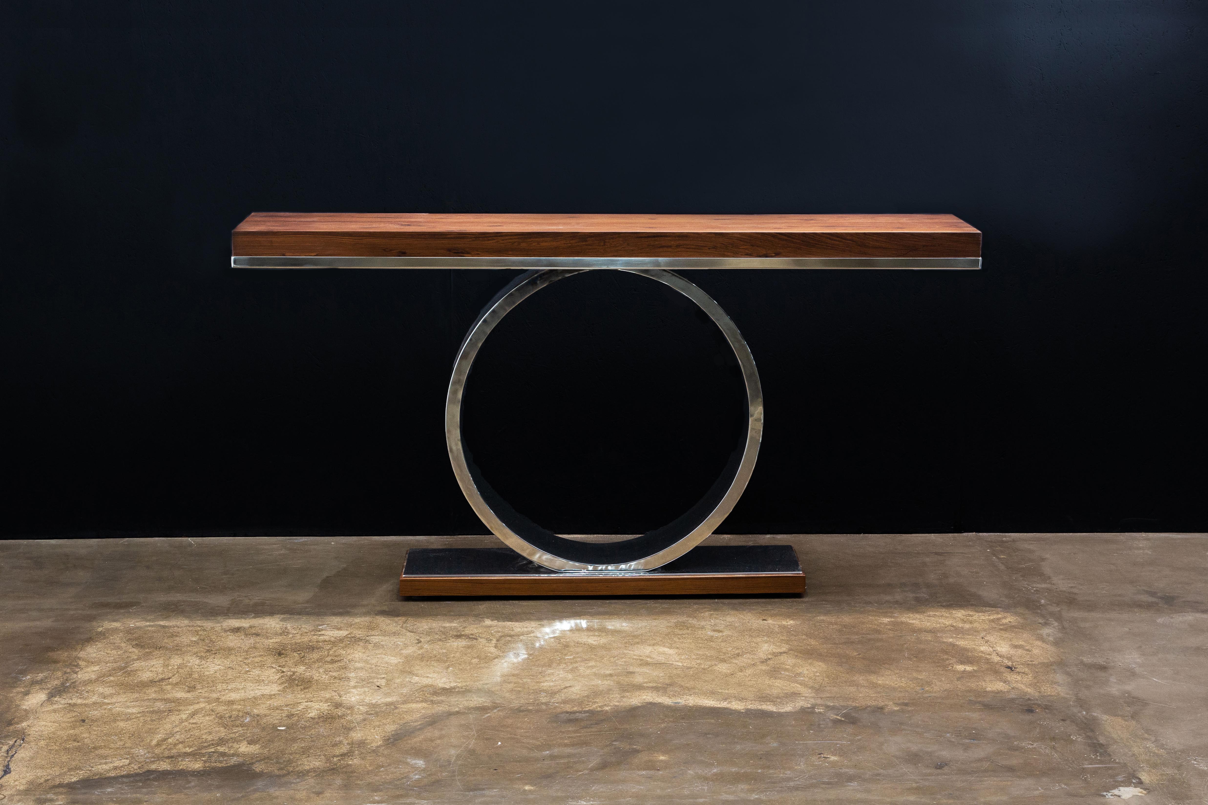 Argentine Modern Sculptural Polished Steel and Wood Console Table from Costantini, Donte  For Sale