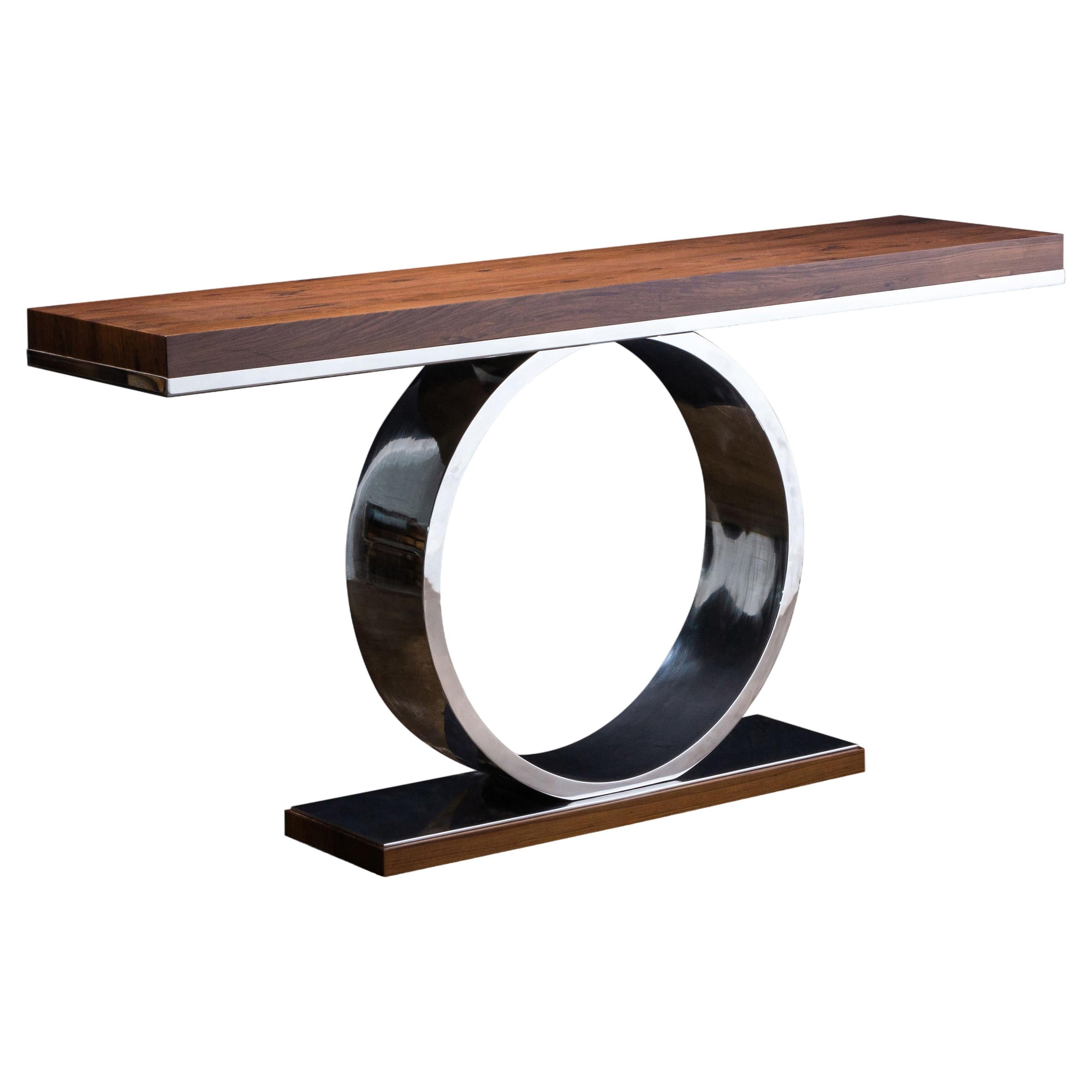 Table console moderne sculpturale en acier poli et bois de Costantini, Donte 