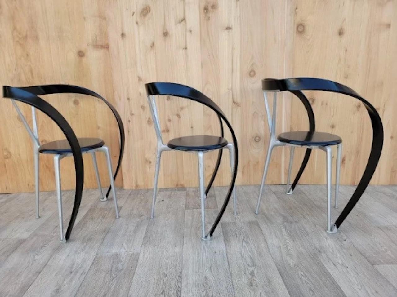 Modern Sculptural Revers Armchairs by Andrea Branzi for Cassina - Set of 3

These rare modernist sculptural ribbon chairs were designed by Andrea Branzi for Cassina, Italy. The chairs' finish were redone in a black lacquer. Decorate your dining room