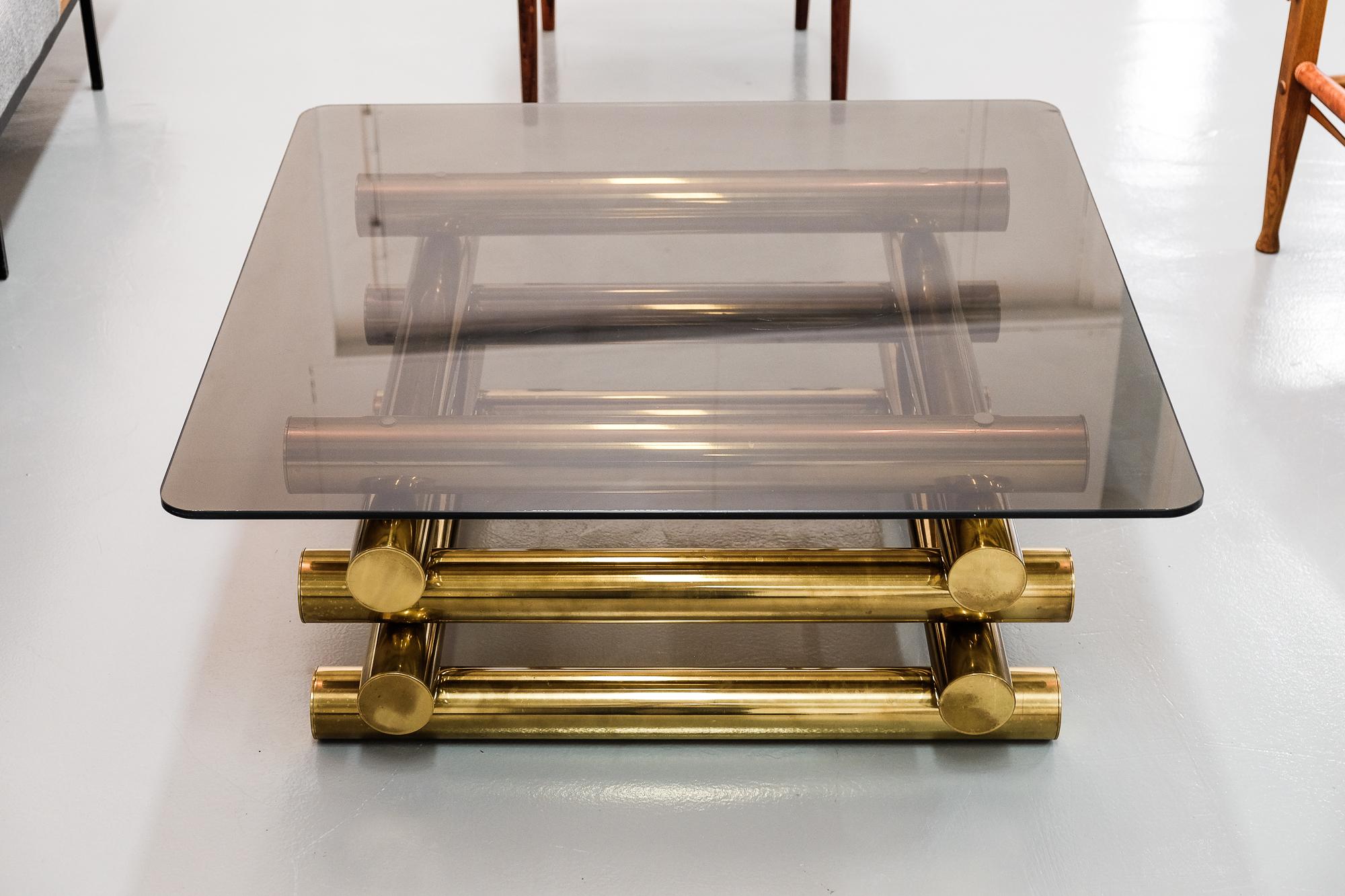 Mid-Century Modern Modern Sculptural Stacked Brass and Smoked Glass Coffee Table, 1970s