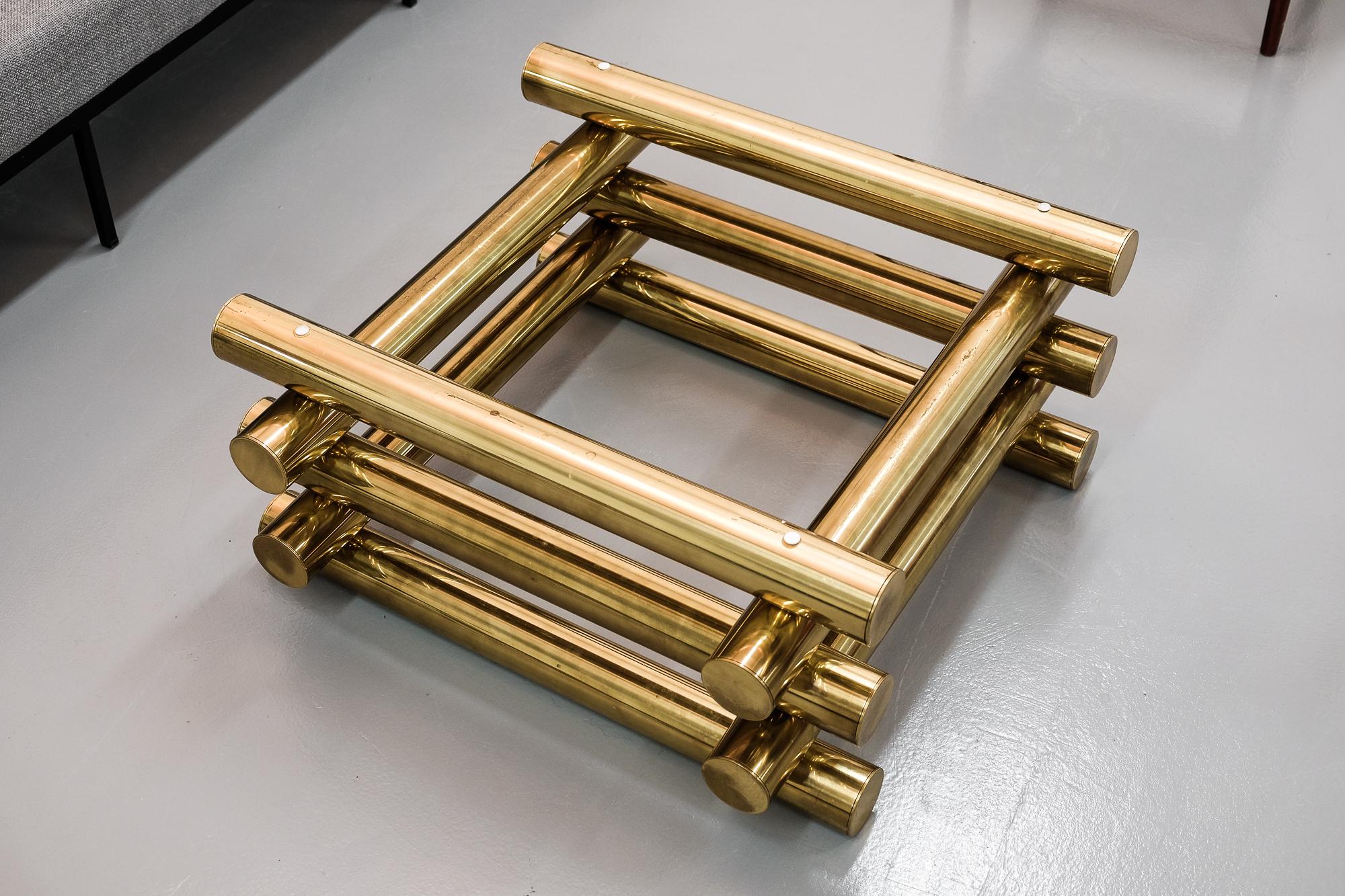 Modern Sculptural Stacked Brass and Smoked Glass Coffee Table, 1970s 1