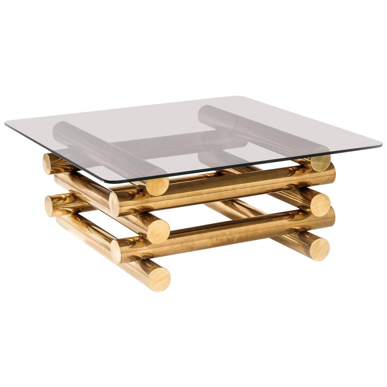 Modern Sculptural Stacked Brass and Smoked Glass Coffee Table, 1970s