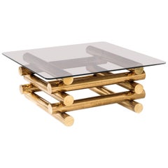Modern Sculptural Stacked Brass and Smoked Glass Coffee Table, 1970s