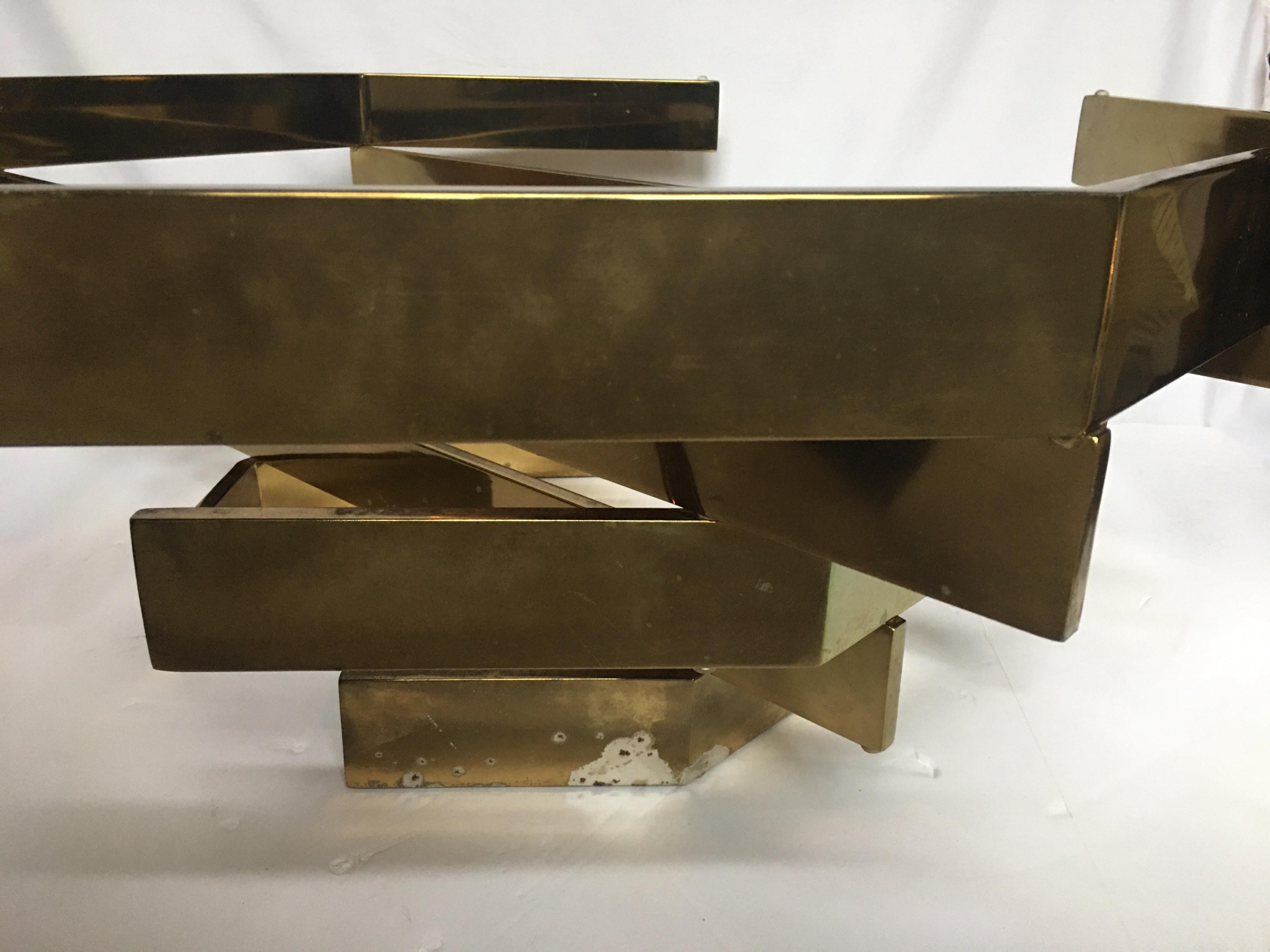 Modern Sculptural Stacked Metal Brass and Glass Octagon Coffee Table, 1970s 6
