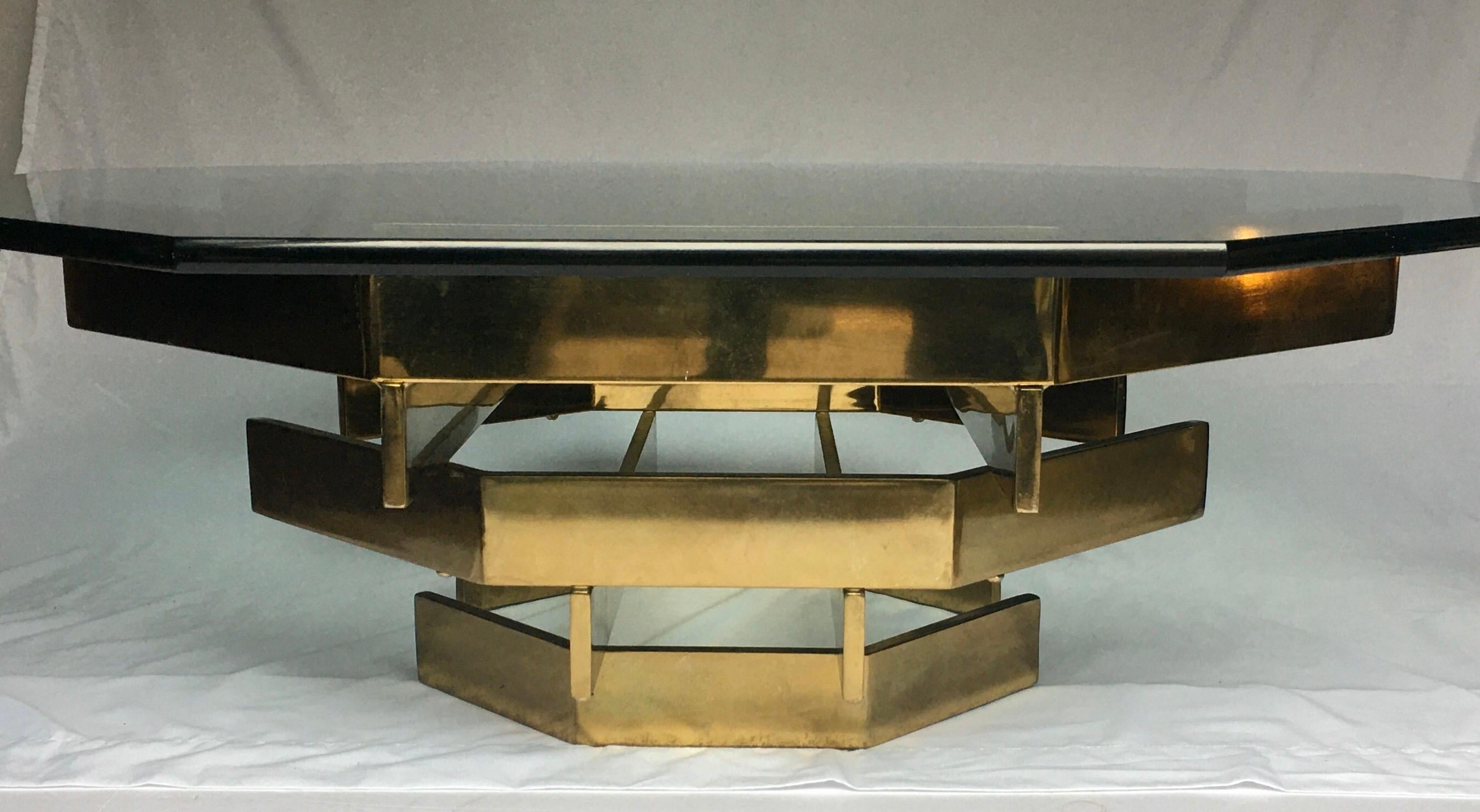 Mid-Century Modern Modern Sculptural Stacked Metal Brass and Glass Octagon Coffee Table, 1970s