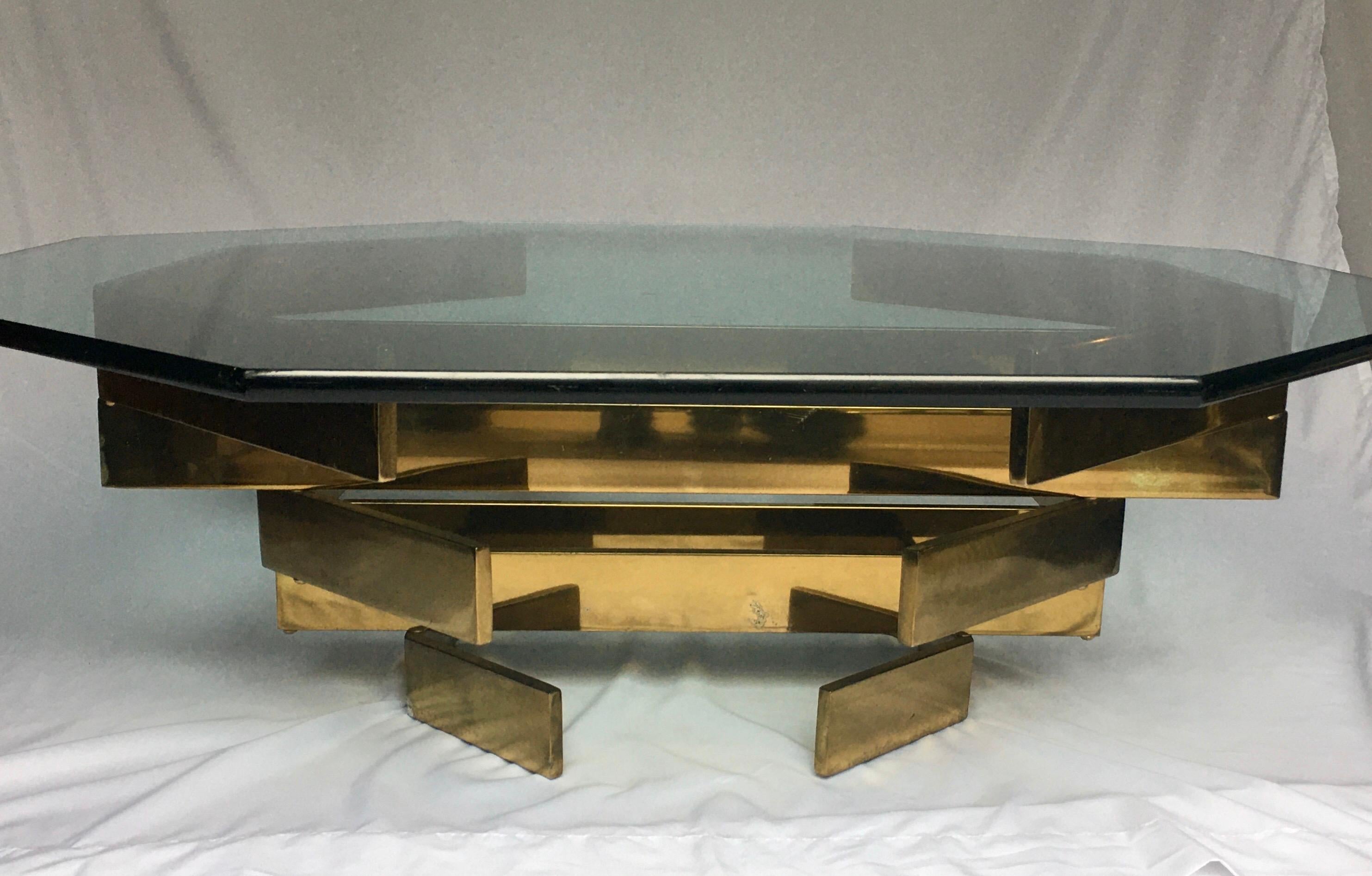 Late 20th Century Modern Sculptural Stacked Metal Brass and Glass Octagon Coffee Table, 1970s