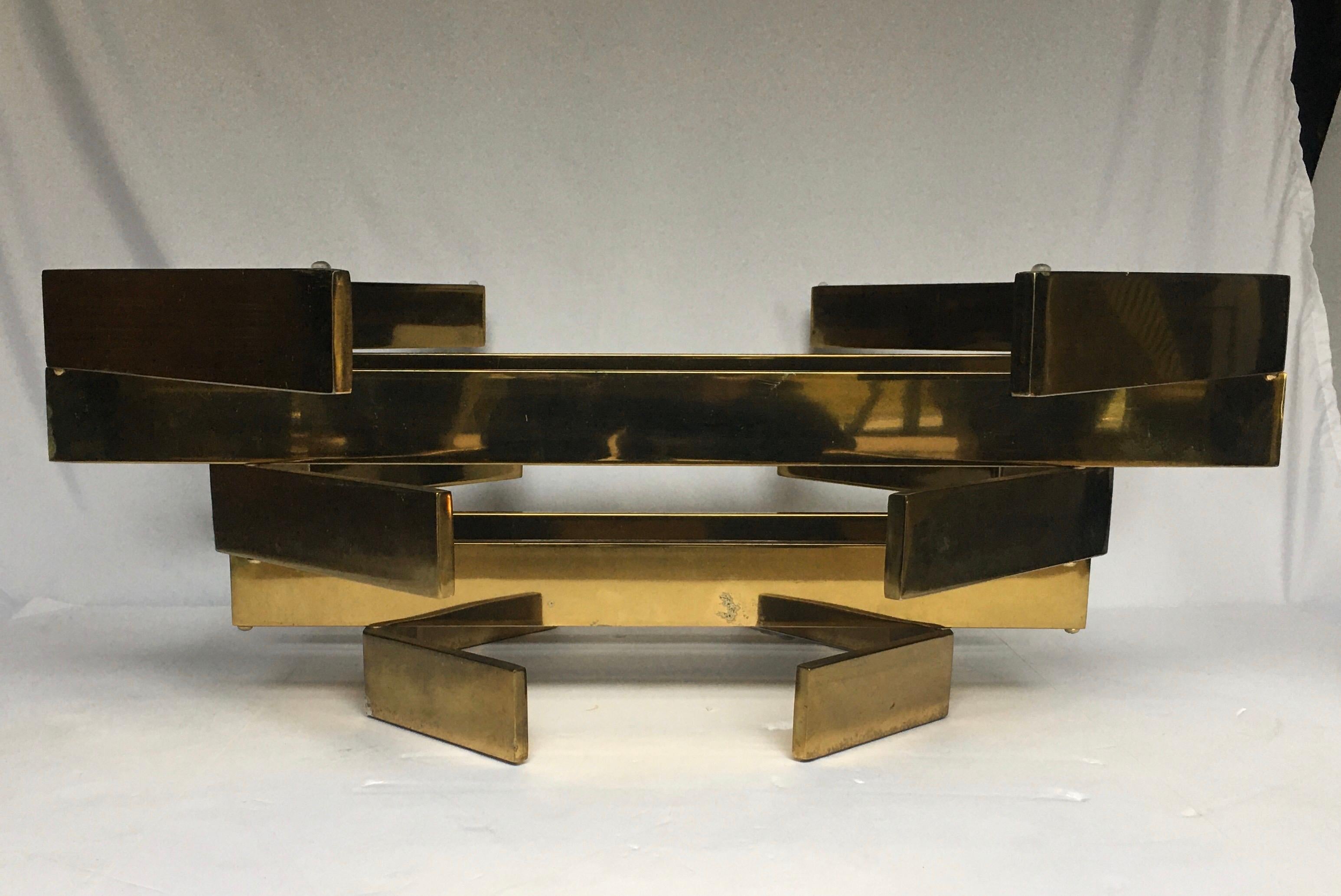 Modern Sculptural Stacked Metal Brass and Glass Octagon Coffee Table, 1970s 1
